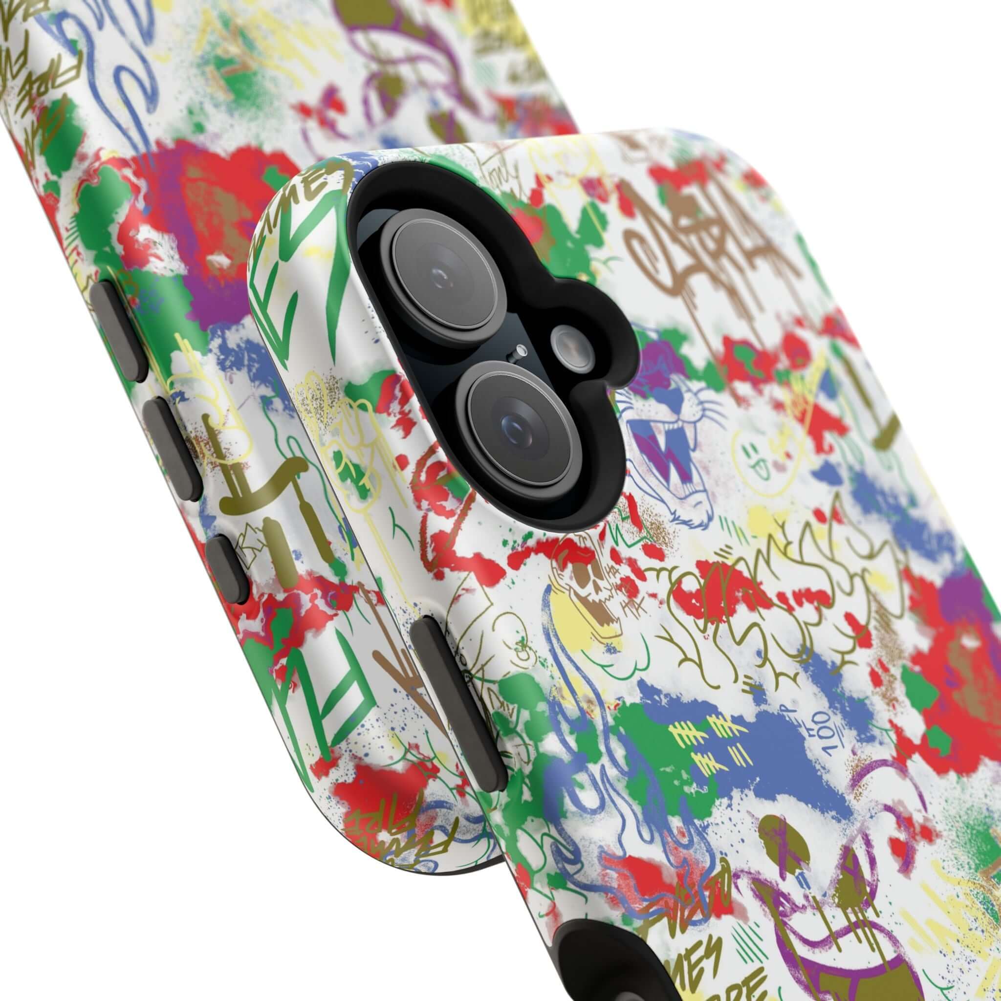 Close-up of the Art Attack Colorful Graffiti Case for iPhone, showcasing cute street art design and MagSafe compatibility.