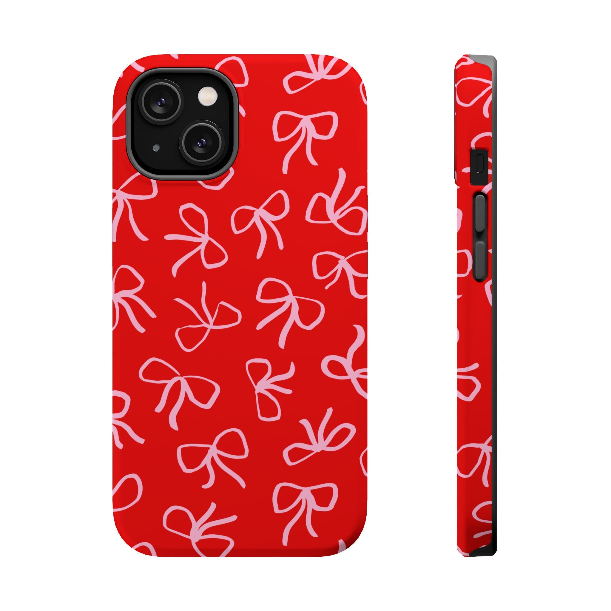 Red phone case with cute bow design showcasing MagSafe compatibility, perfect for a flirty style and coquette vibe.