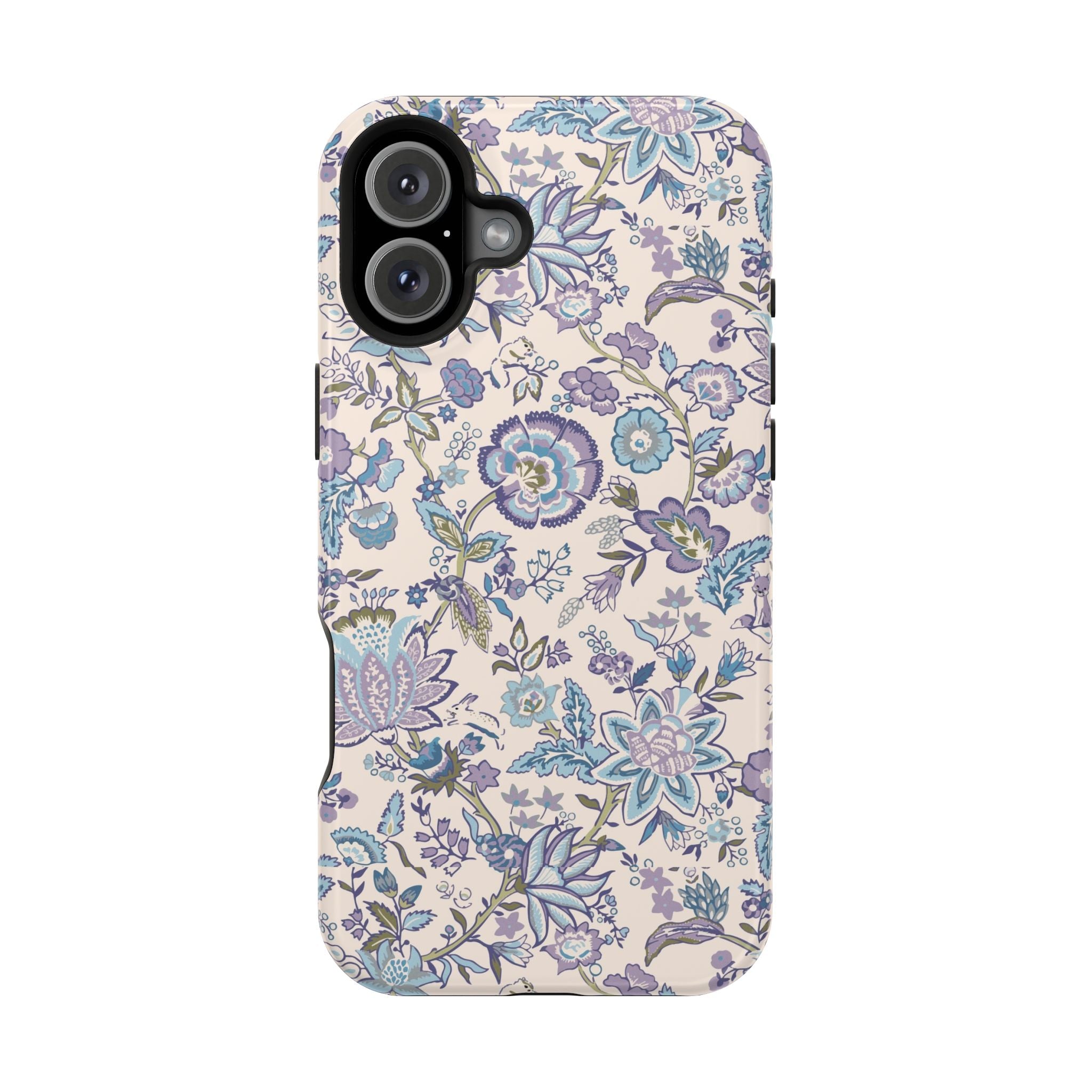 Blue floral CottageCore MagSafe iPhone case, cute phone cover with whimsical garden design, perfect for nature lovers.