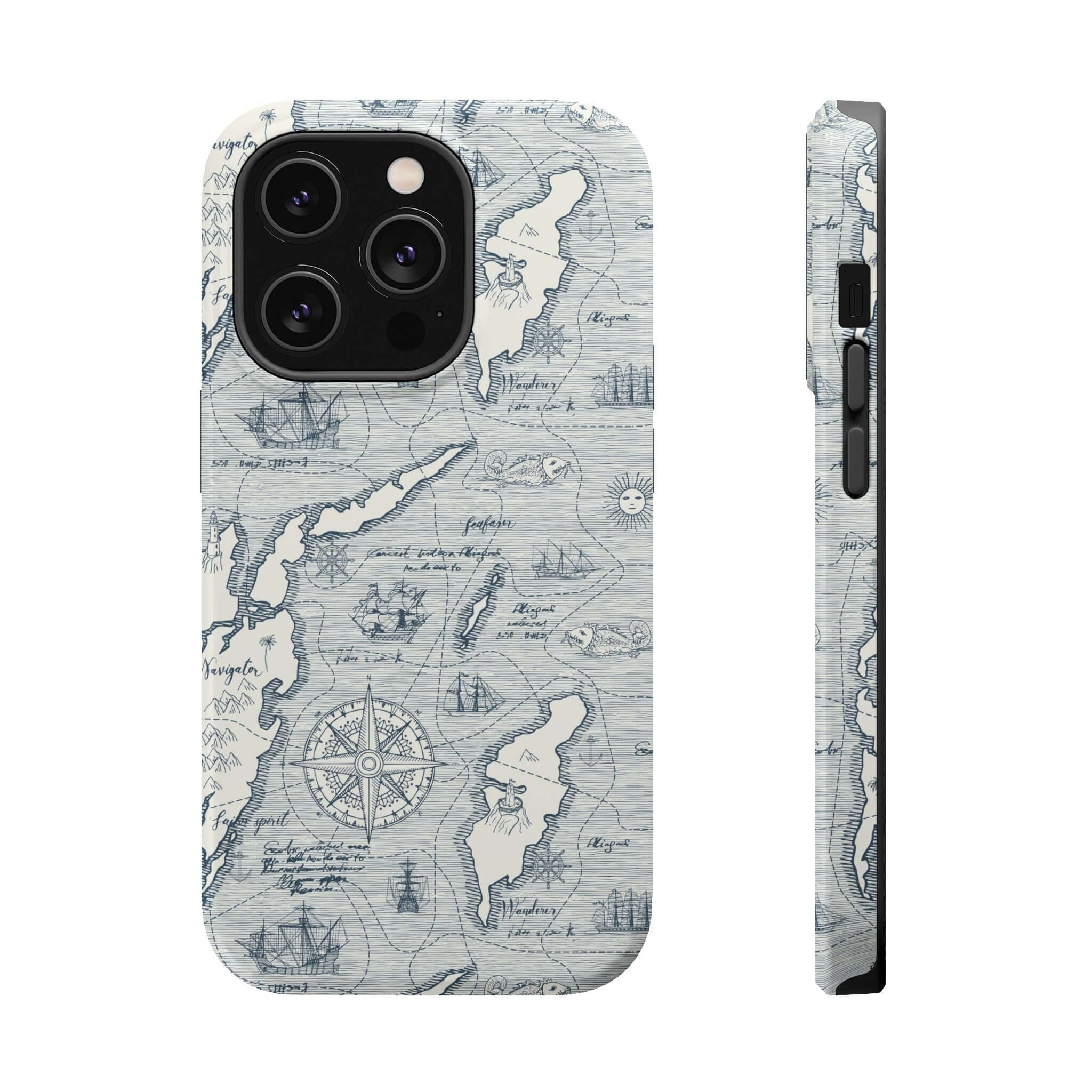 Teal nautical map phone case for iPhone 14 Pro Max with MagSafe technology, featuring Pirates Passageway design.