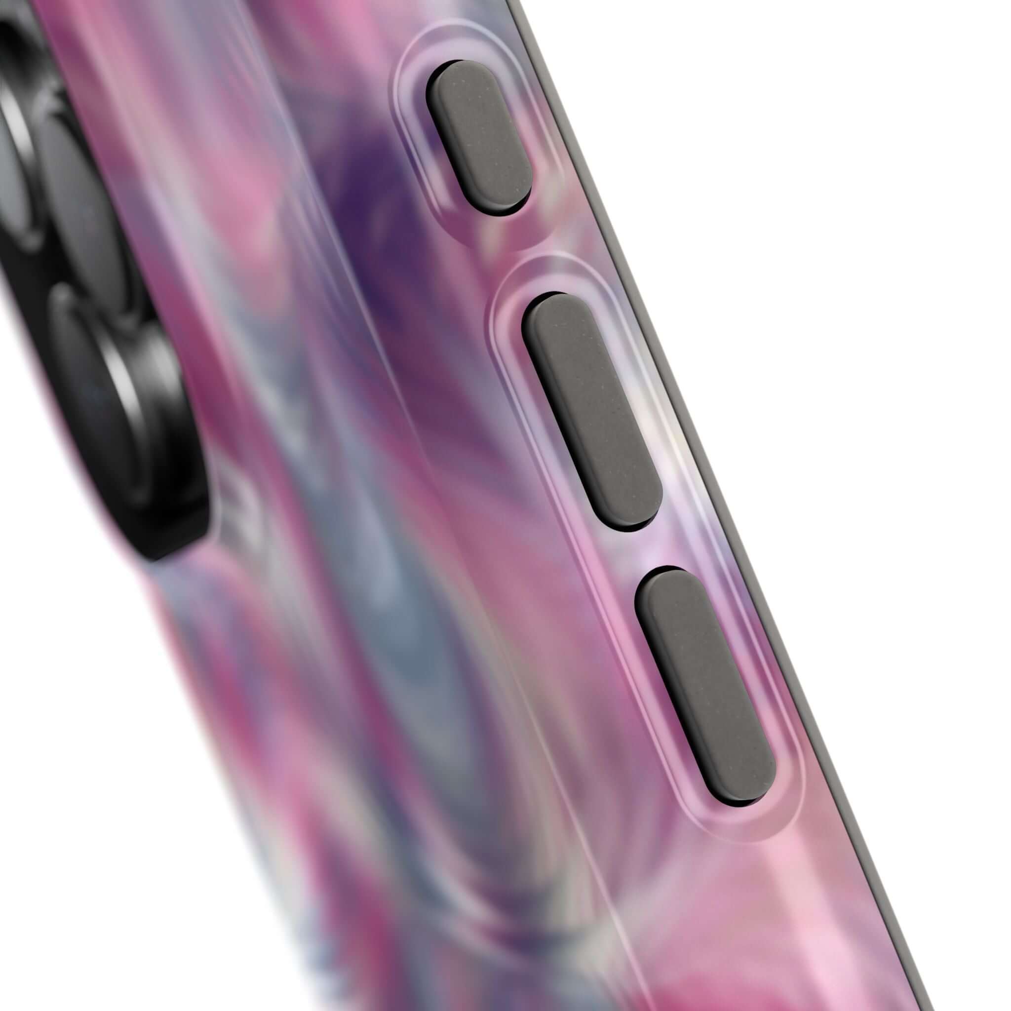 Purple abstract MagSafe iPhone case with tie dye swirl design, showcasing side view of buttons on cute phone cover.