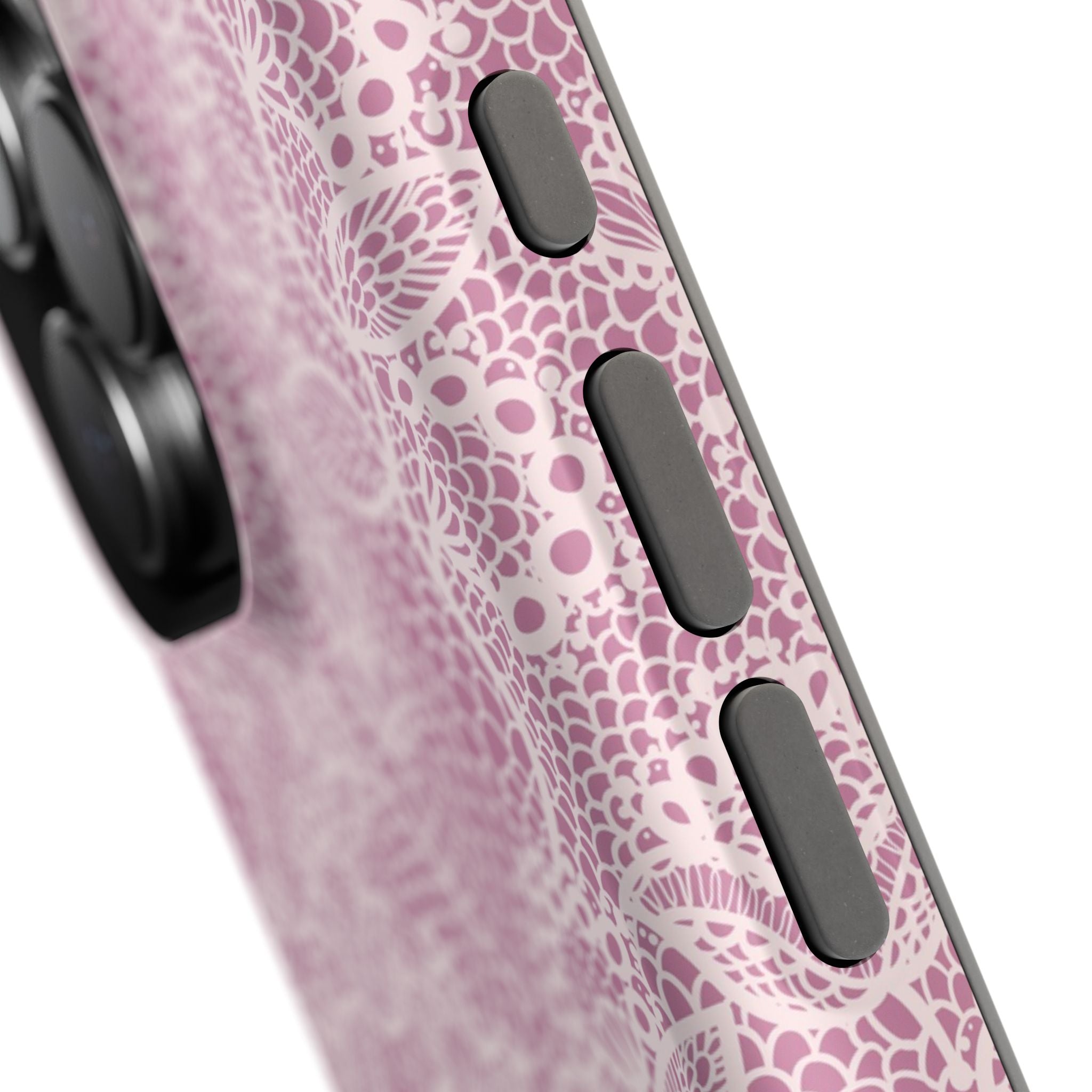 Pink Lace MagSafe iPhone Case with floral design showcasing button detail, offering cute country charm and protection.