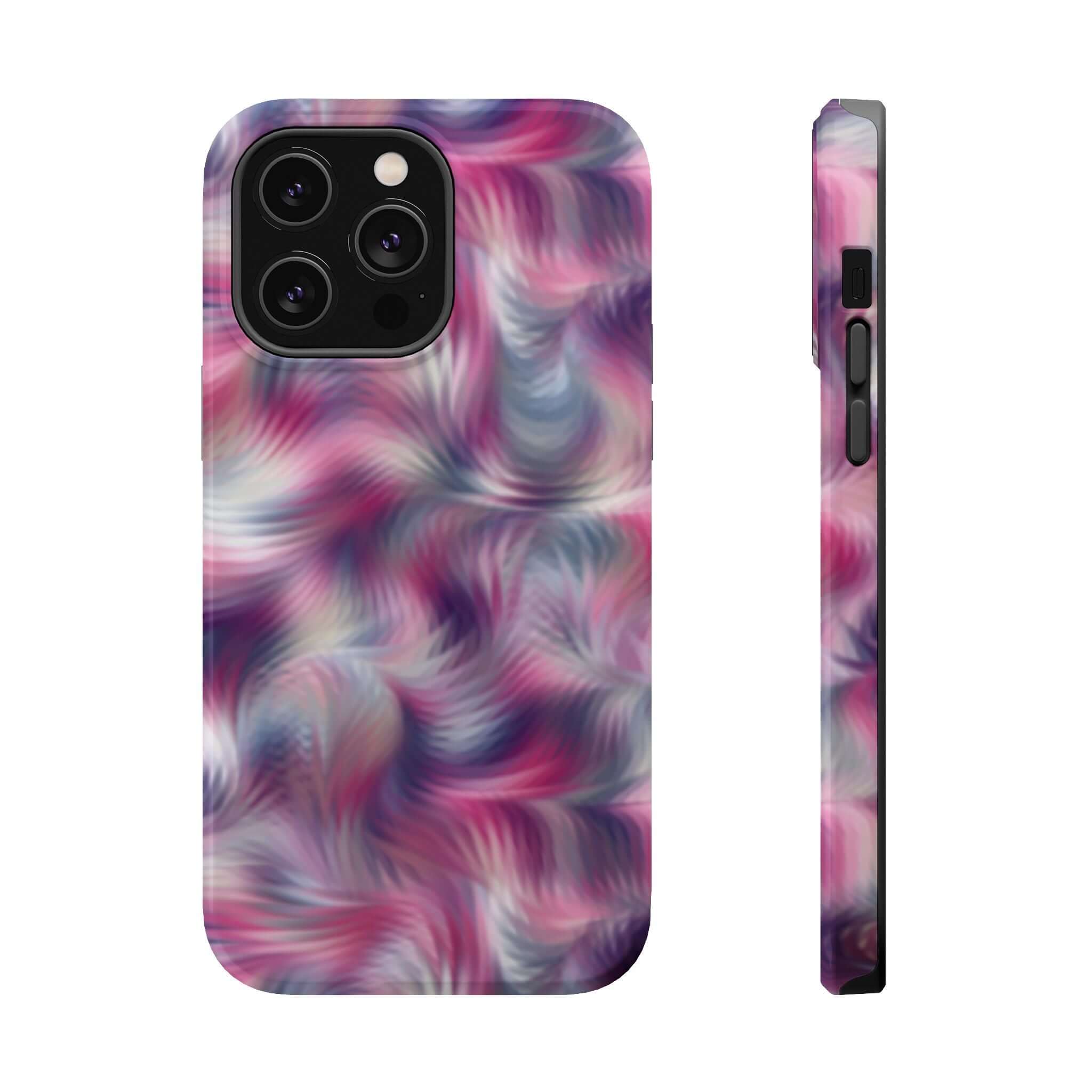 Purple abstract MagSafe iPhone case with tie dye swirl, cute phone cover for a unique and playful style, side and back view.