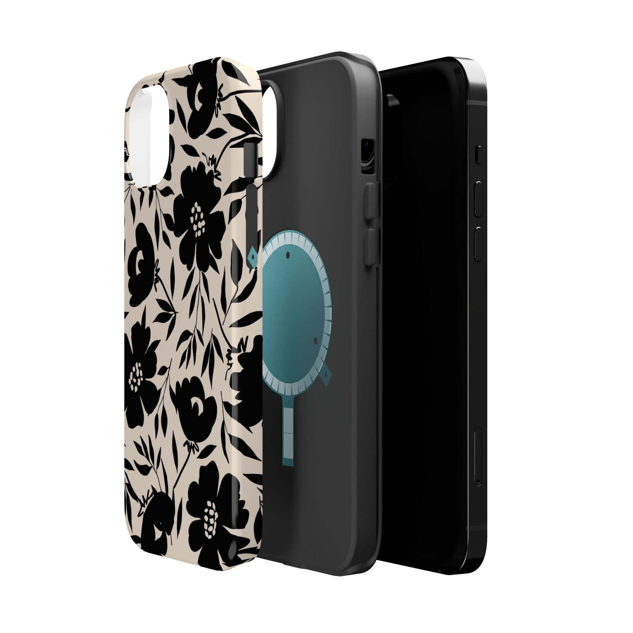 Cute iPhone 16 case with bold black floral design, Eclipse Garden theme, offering a stylish and unique phone accessory.