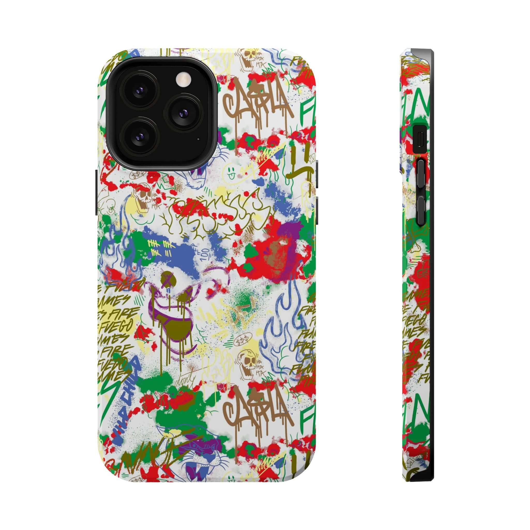 Colorful graffiti iPhone case showcasing vibrant street art, perfect for art lovers and cute phone cover fans.