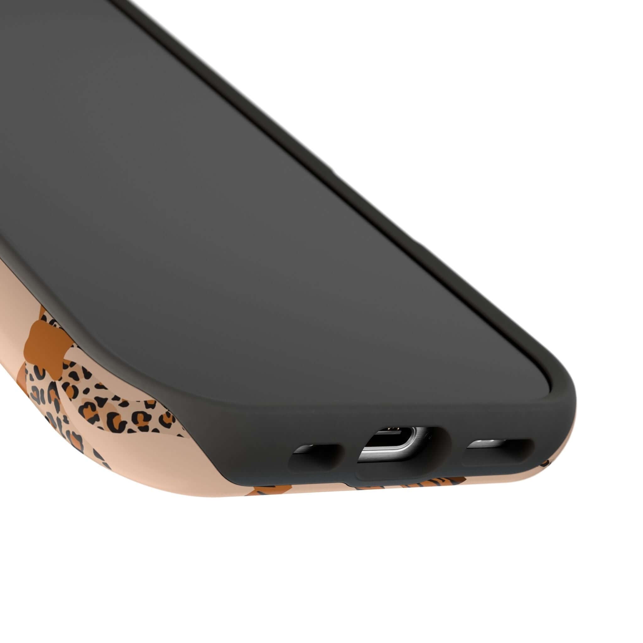 Colorful iPhone case with leopard pattern and cute coquette bows, showcasing a playful and stylish phone accessory.