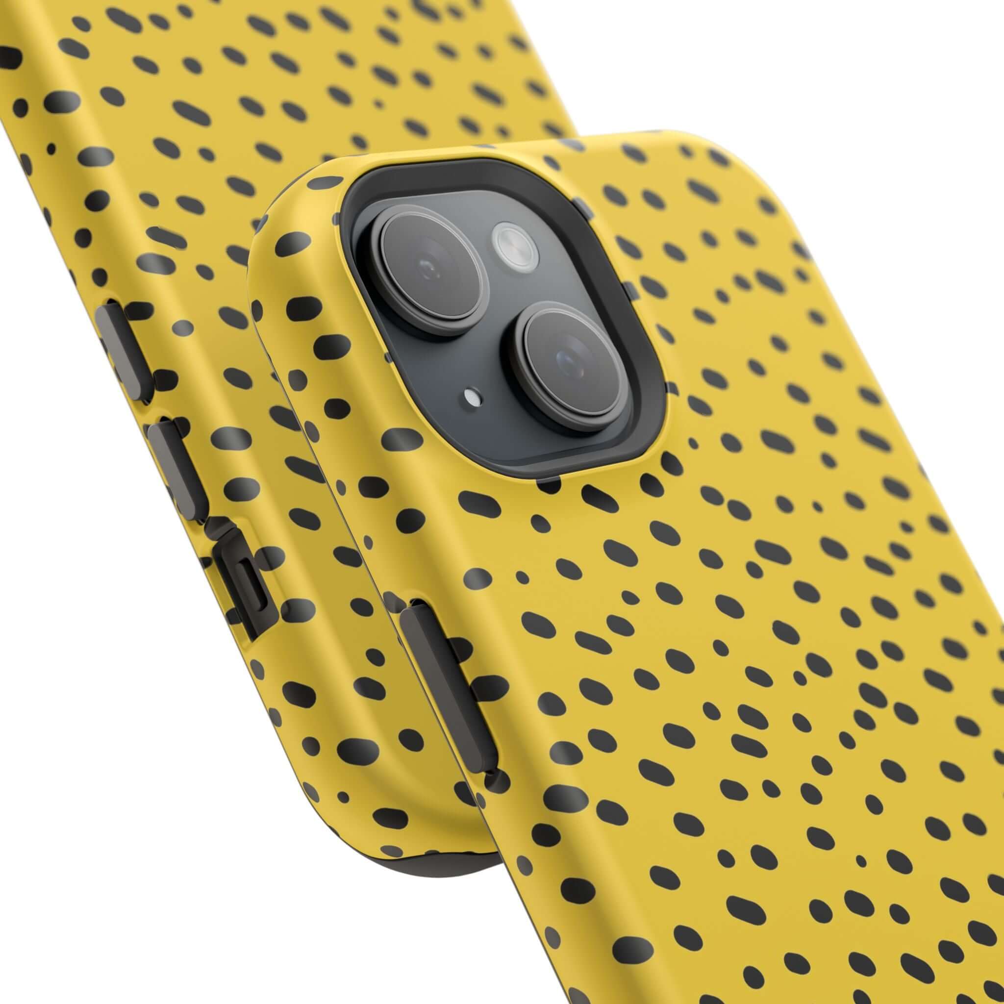 Yellow cheetah print MagSafe iPhone case with bold black spots, offering a stylish and cute protective design.