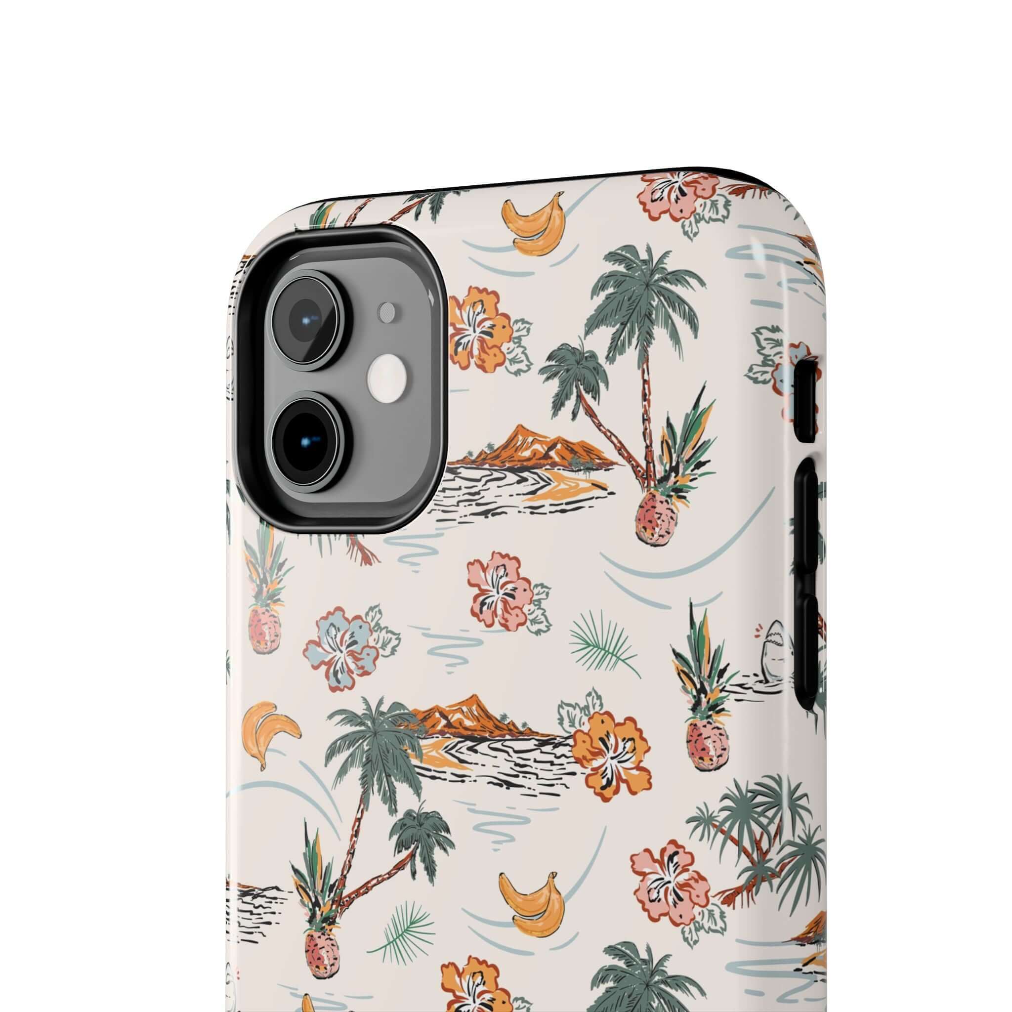 Cute iPhone 14 case with tropical palm tree design, playful beach-themed phone cover offering free shipping