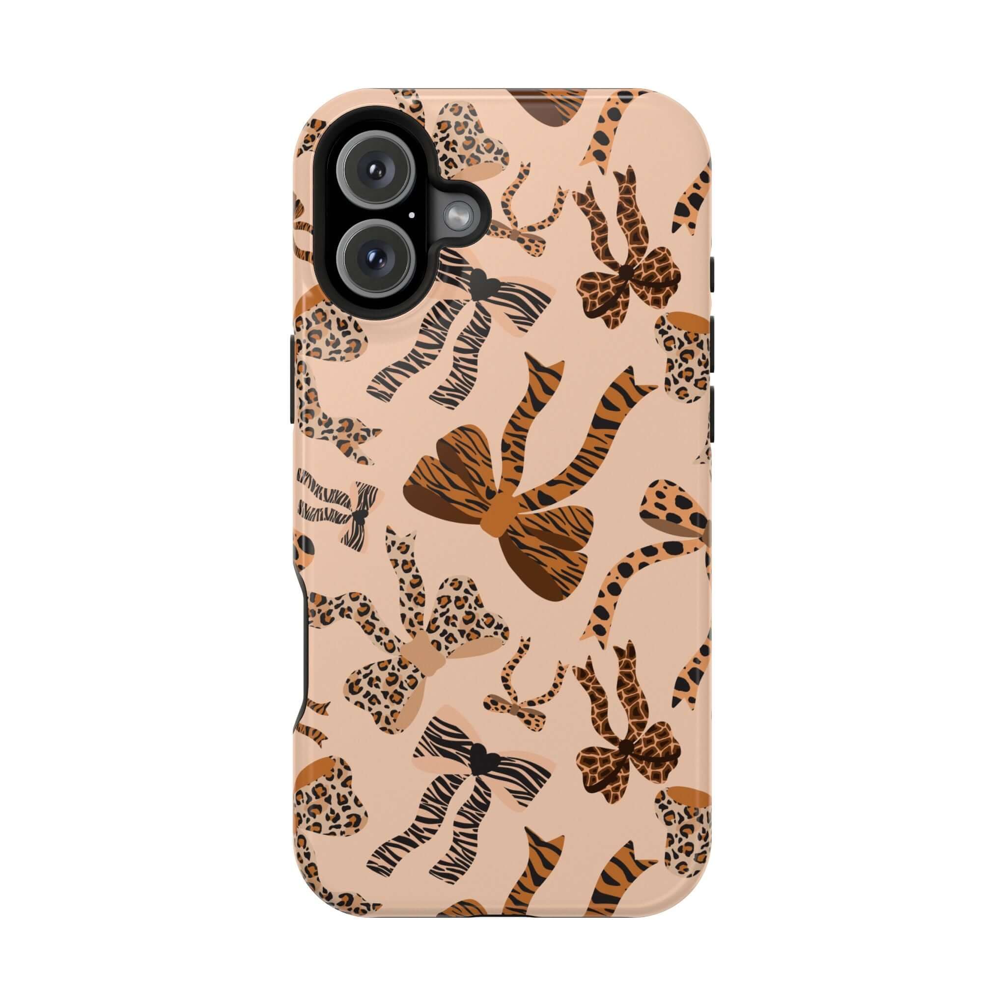 Colorful iPhone case with leopard pattern and cute bows, Safari Coquette phone case for a wild and stylish look.