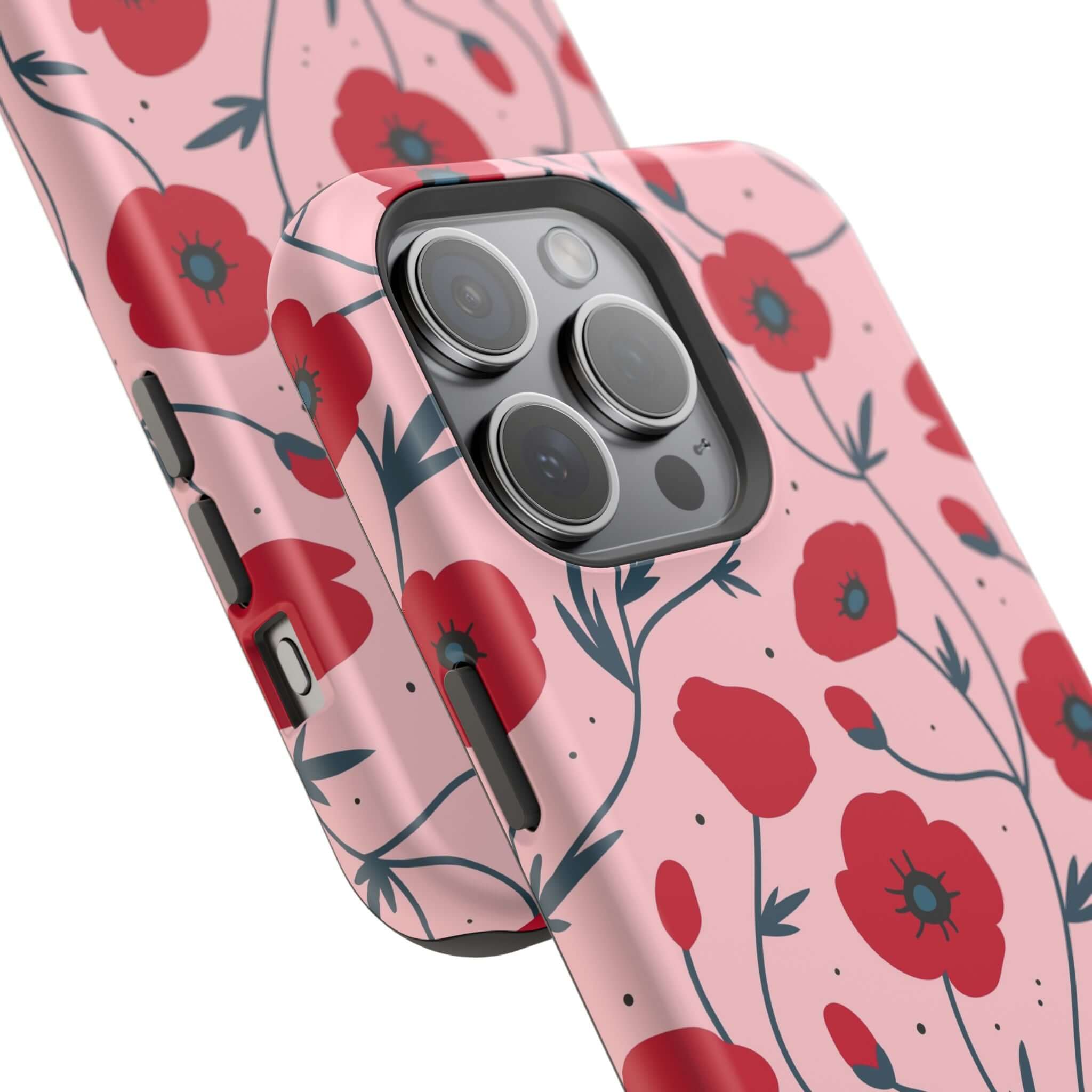 Pink n Poppy pink floral iPhone case with red flowers offering cute and stylish protection for your phone, free shipping available.