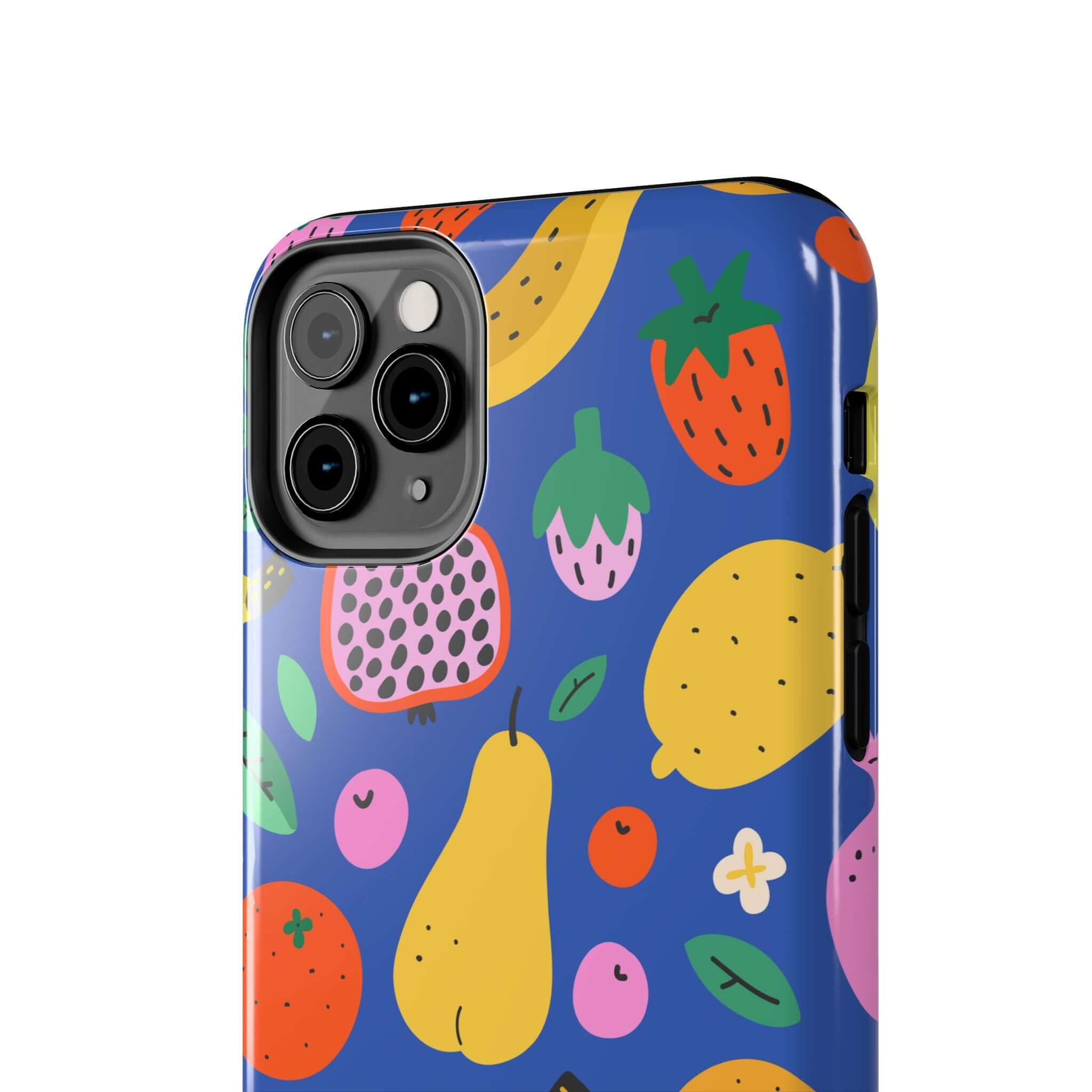 Cute phone cover featuring a colorful fruit design on a blue background, perfect for Apple iPhone cases.