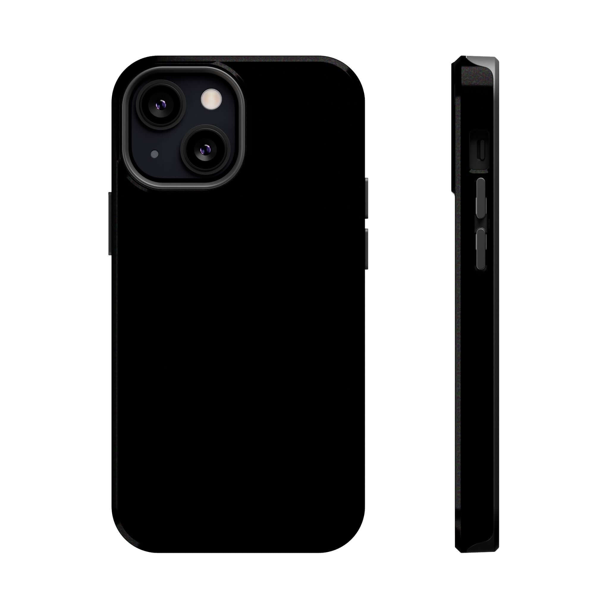 Solid black iPhone case with a sleek design, featured from back and side angles. Cute iPhone case with free shipping.