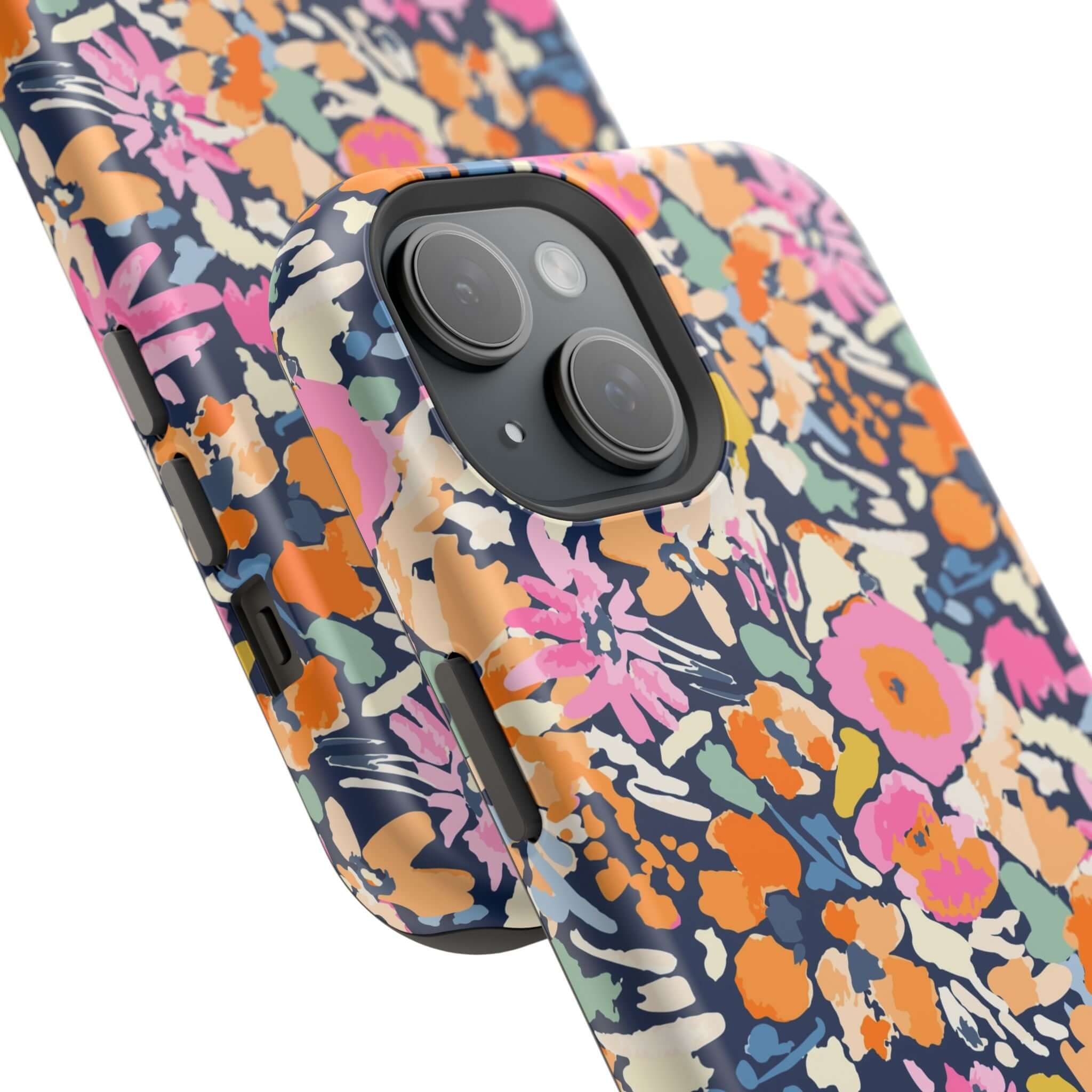 Botanic Burst cute colorful floral MagSafe iPhone 16 case for whimsical phone protection.