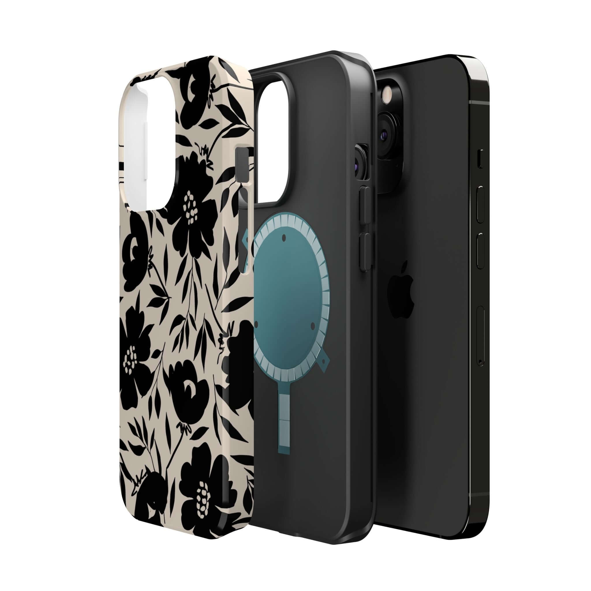 Eclipse Garden Black Floral iPhone 16 Case, Cute Phone Case with Bold Design, Unique and Adventurous Accessory.