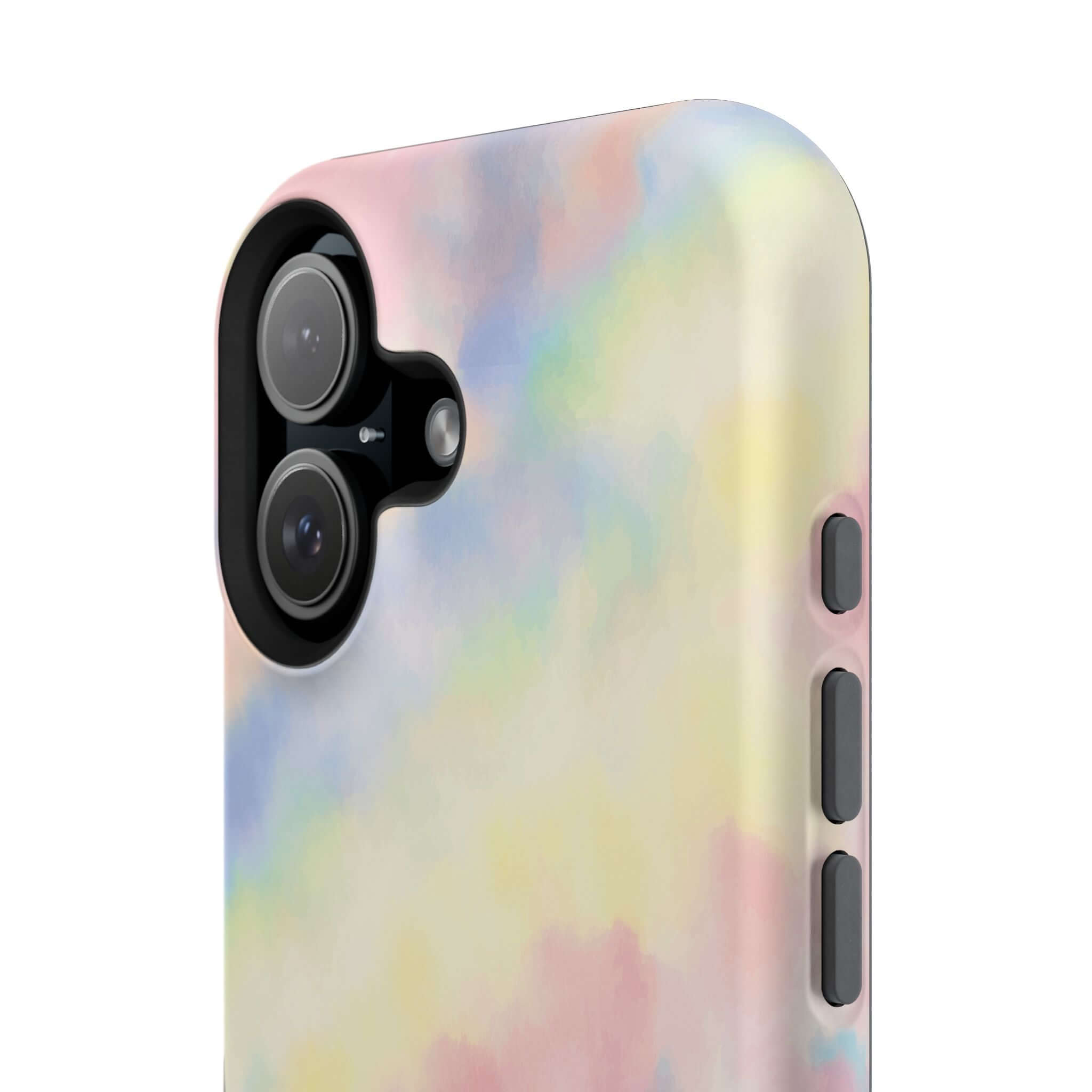 Cute iPhone case with pastel tie dye design, MagSafe compatible. Perfect custom phone case design for a magical touch.