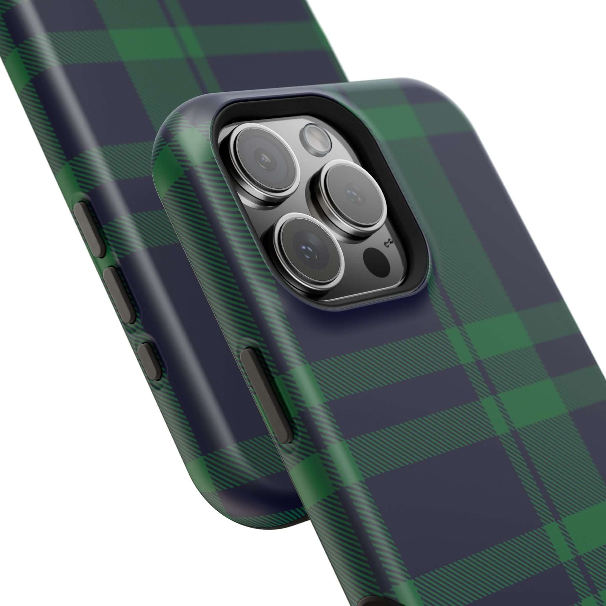 Cute Mistletoe Plaid MagSafe Case for iPhone, featuring a festive green plaid design to protect your phone in style.