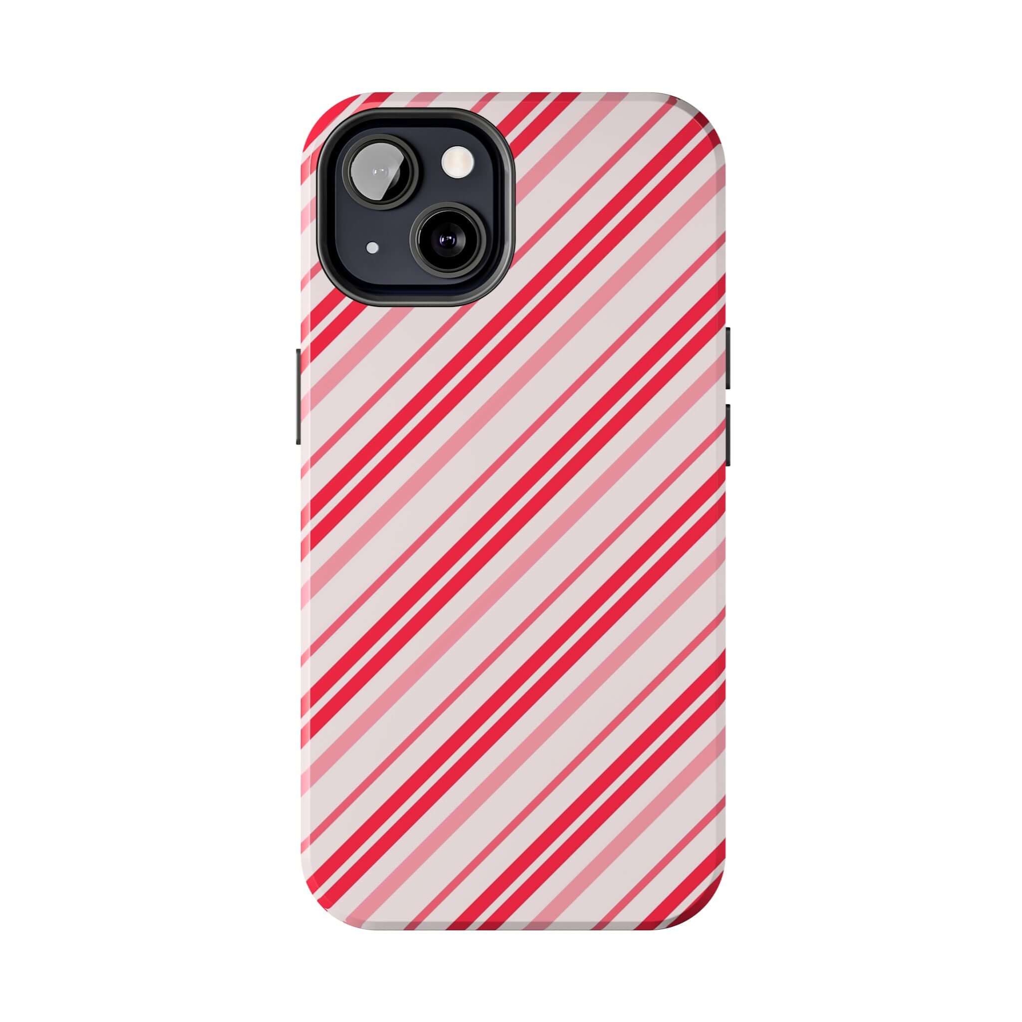 Cute iPhone case with red and white candy cane stripes, perfect for a festive holiday look. Customizable phone case design.