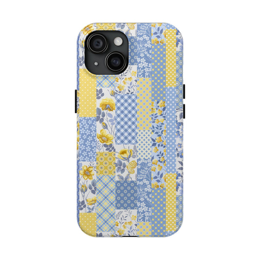 Sunlit Garden Floral Patchwork iPhone Case with yellow and blue design offering free shipping