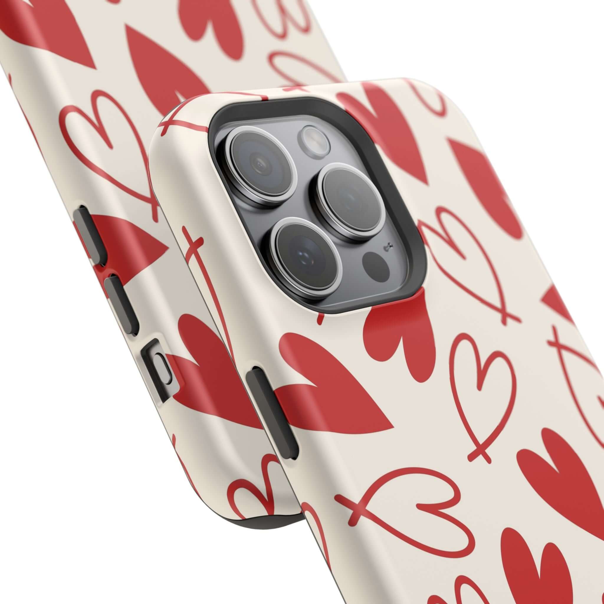 Cute phone case with playful red hearts design, Be Mine theme, perfect for iPhone protection and style.