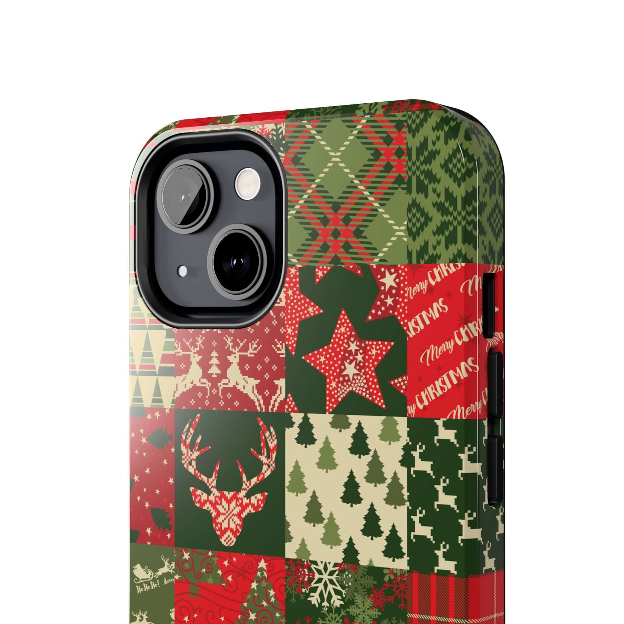 Cute iPhone case with Christmas tree and reindeer design in red-green plaid, perfect holiday phone case from Cozy Quiltmas.