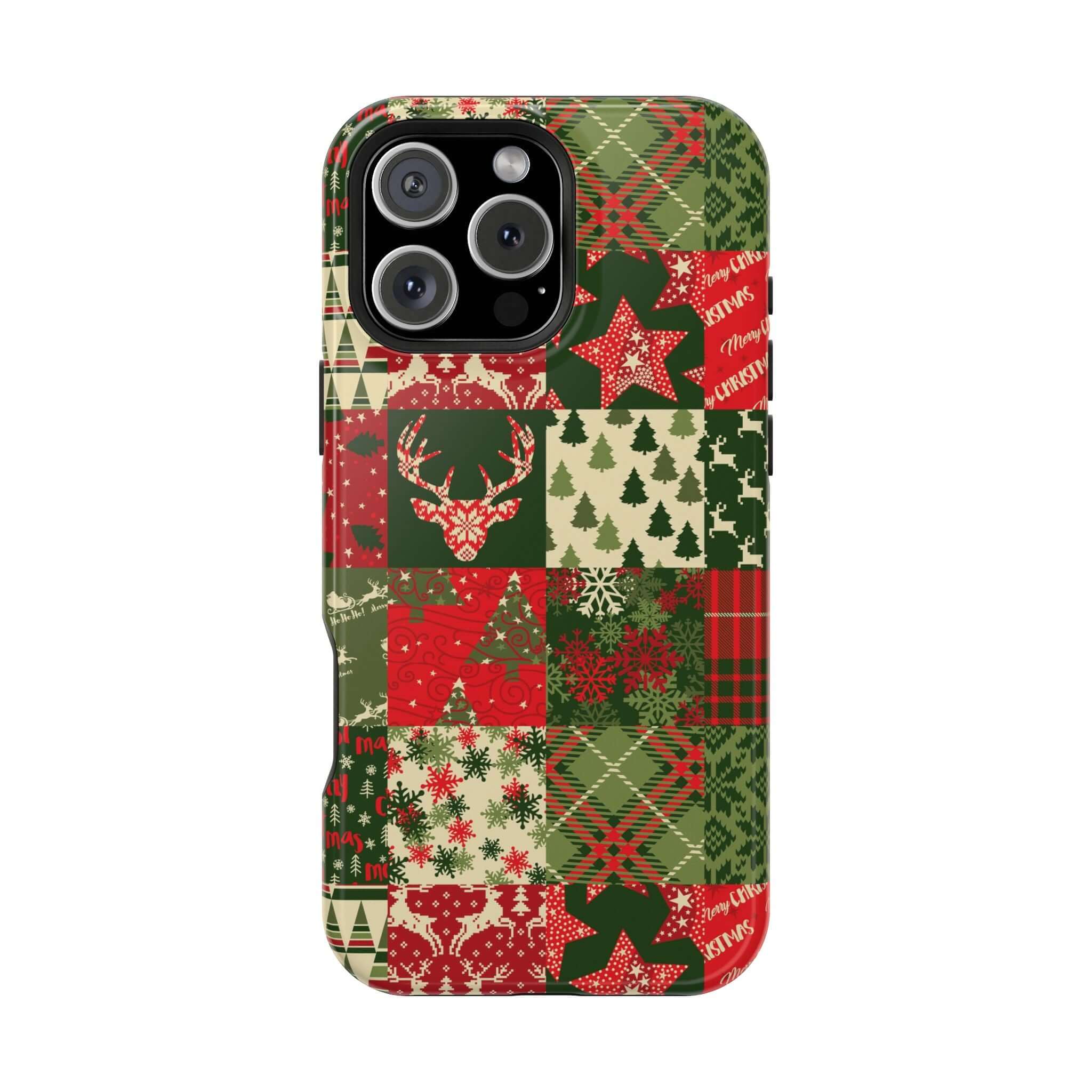 Cozy Quiltmas MagSafe Case with Christmas patchwork design featuring reindeer, stars, and trees. Perfect holiday or Xmas phone cover.