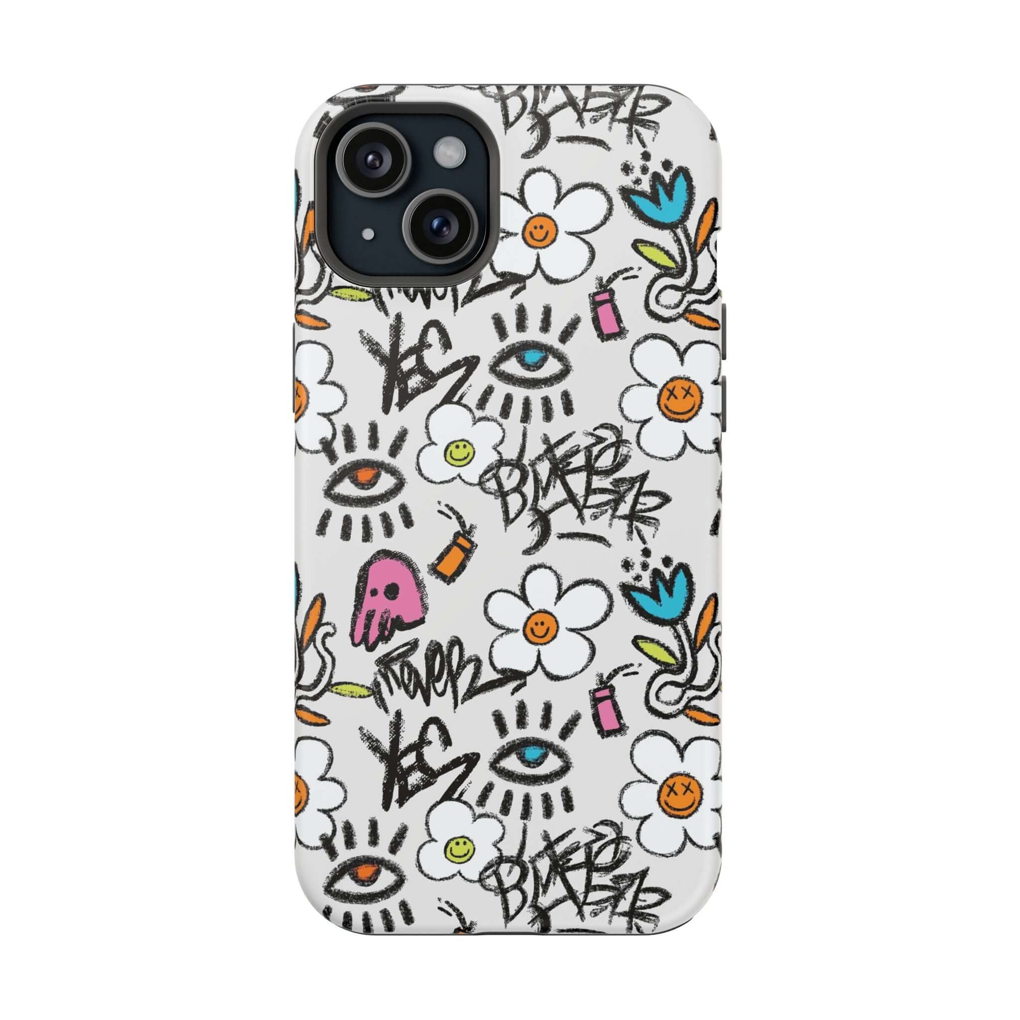 Happy Chaos Floral Graffiti Case for iPhone, featuring cute designs and vibrant colors, perfect as a cute phone cover.