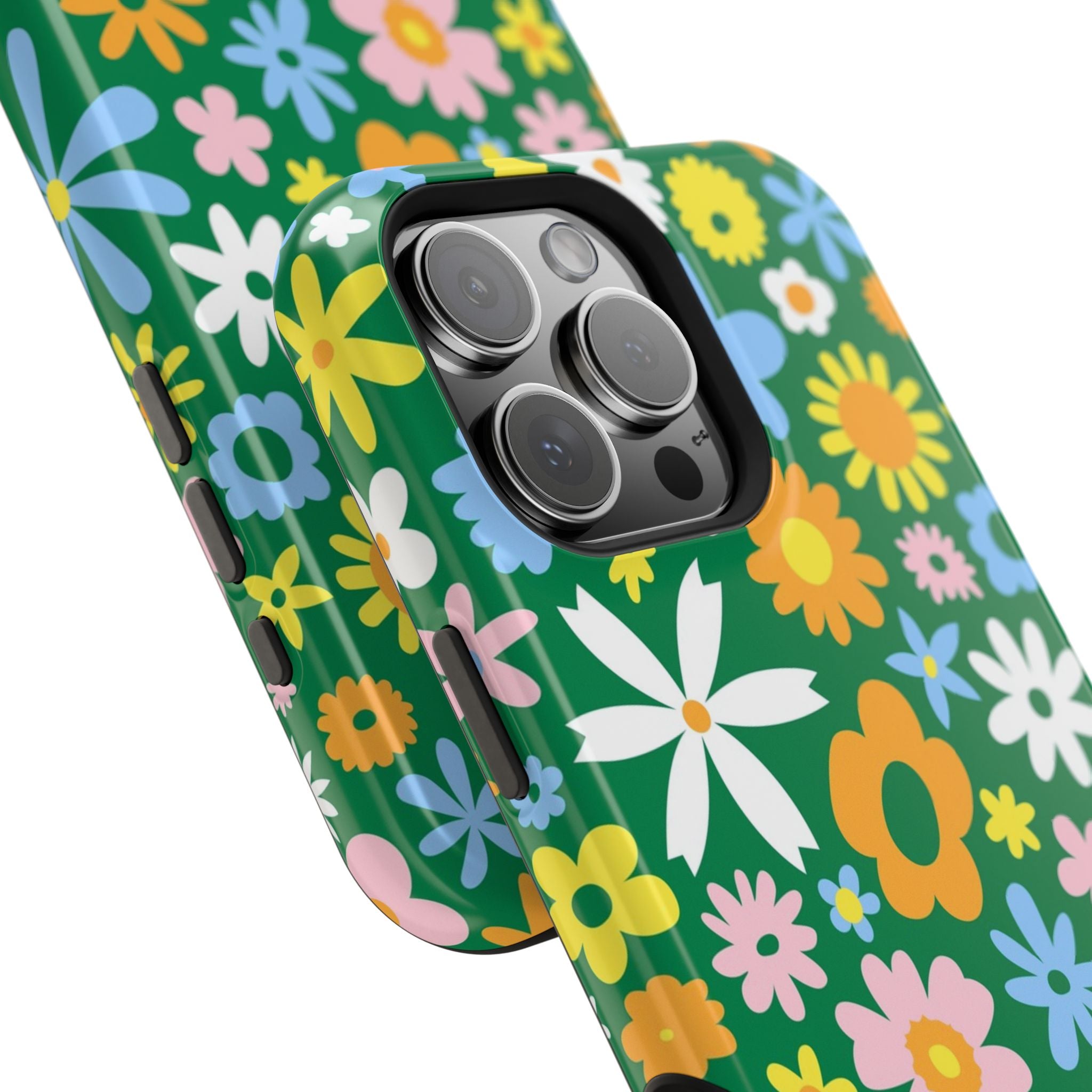 Vibrant green hippie floral MagSafe iPhone case with colorful blooms, perfect cute phone cover for a playful style.