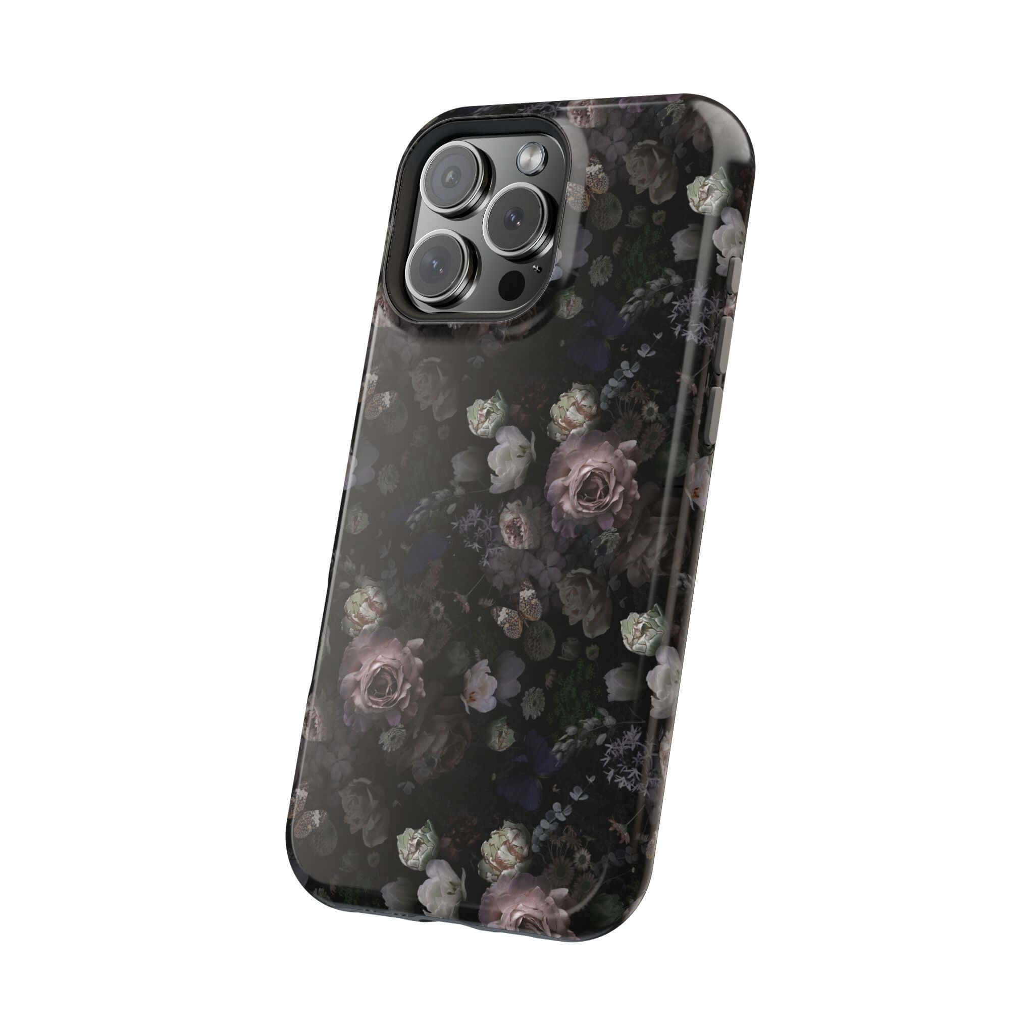 Midnight Curse MagSafe iPhone case with black floral design, cute phone cover with roses for stylish protection.