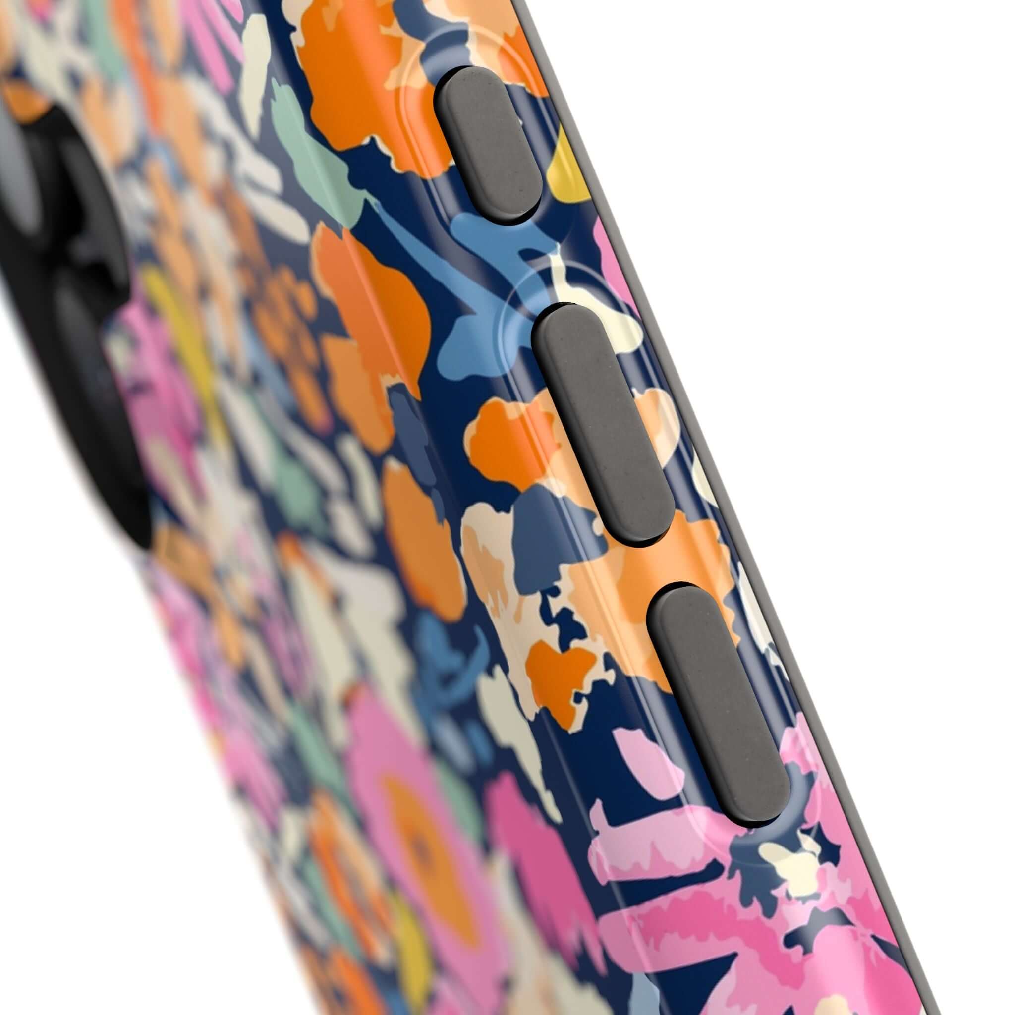 Close-up of Botanic Burst iPhone 16 case with colorful floral design, featuring MagSafe compatibility, cute and protective phone case.