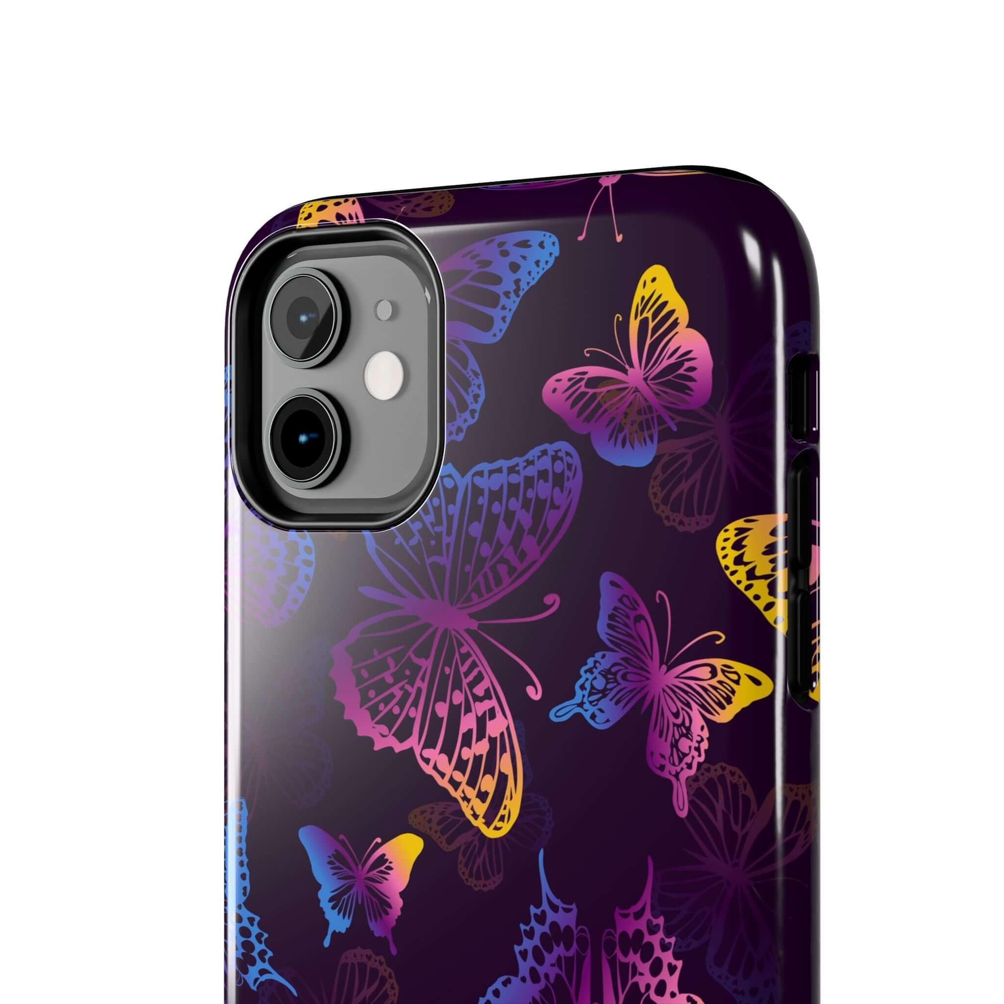 Midnight Flutter black butterfly MagSafe iPhone case, a cute and wild floral phone cover for butterfly lovers, groovy design.