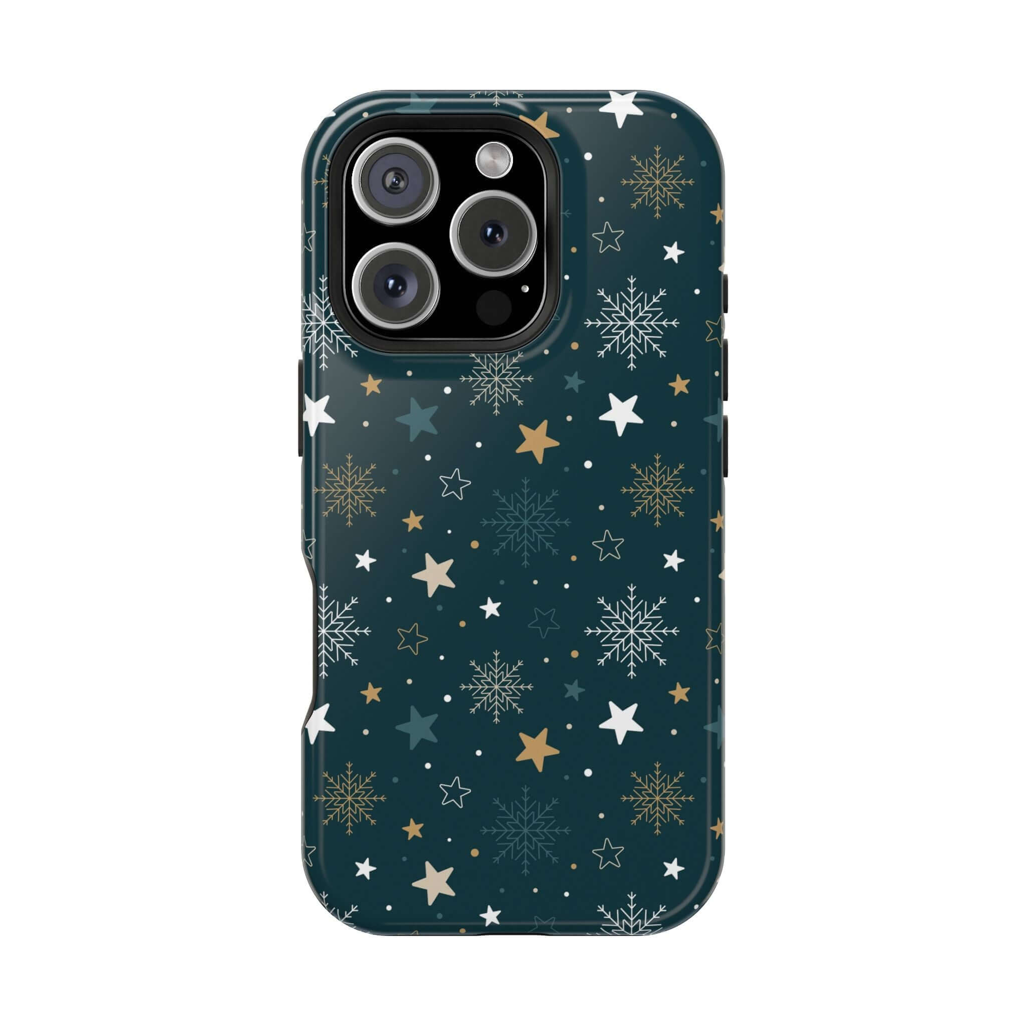 Christmas phone case with snowflakes and stars pattern, featuring MagSafe compatibility for festive holiday charm and secure charging.