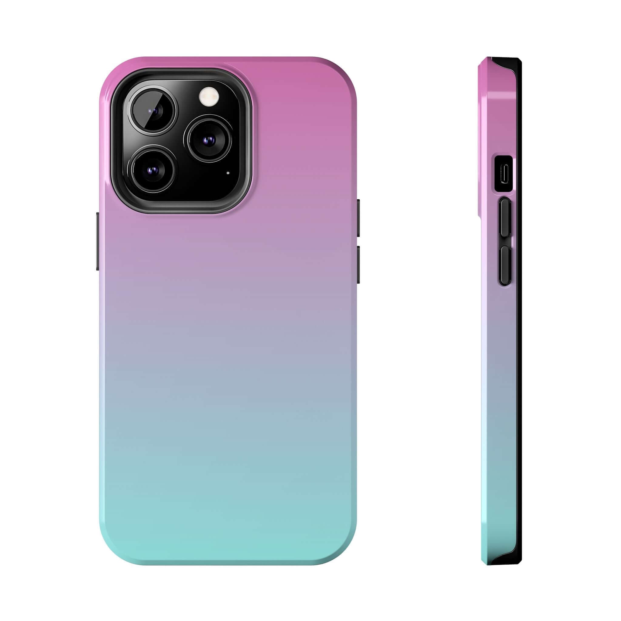 Cute pink and teal gradient iPhone 14 case; sweet pink dreamer design. Showing back and side view; free shipping available.