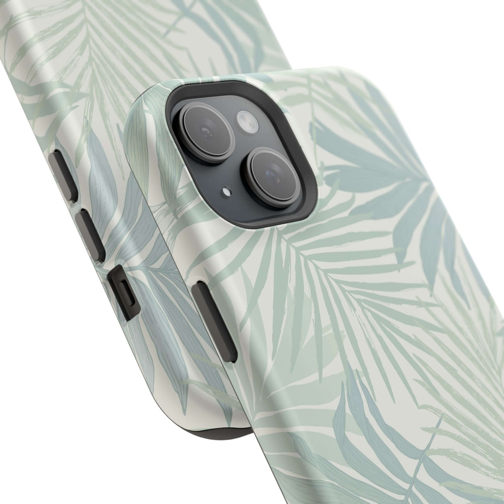 Cute teal tropical iPhone case with palm tree design and MagSafe technology. Free shipping. Perfect for summer.