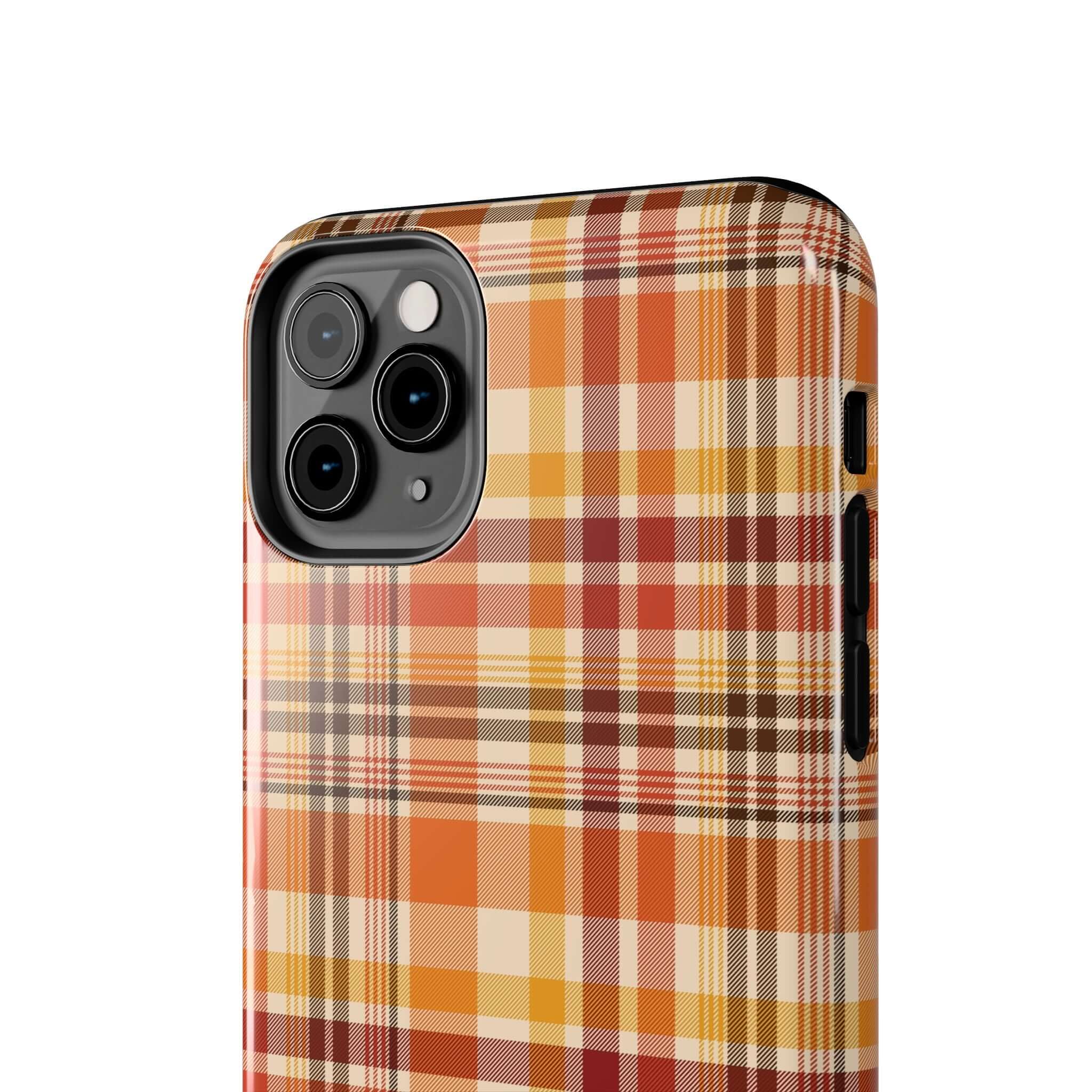 Fall Plaid design iPhone case, perfect for the autumn season, Halloween, and beyond. Cute and stylish protection for your phone.