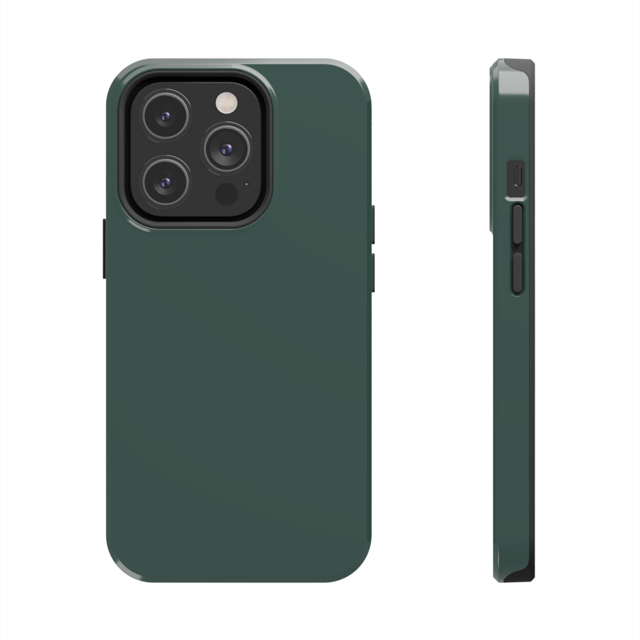 Solid green phone case for iPhone 16, cute and protective cover in evergreen color, shown from front and side angles.