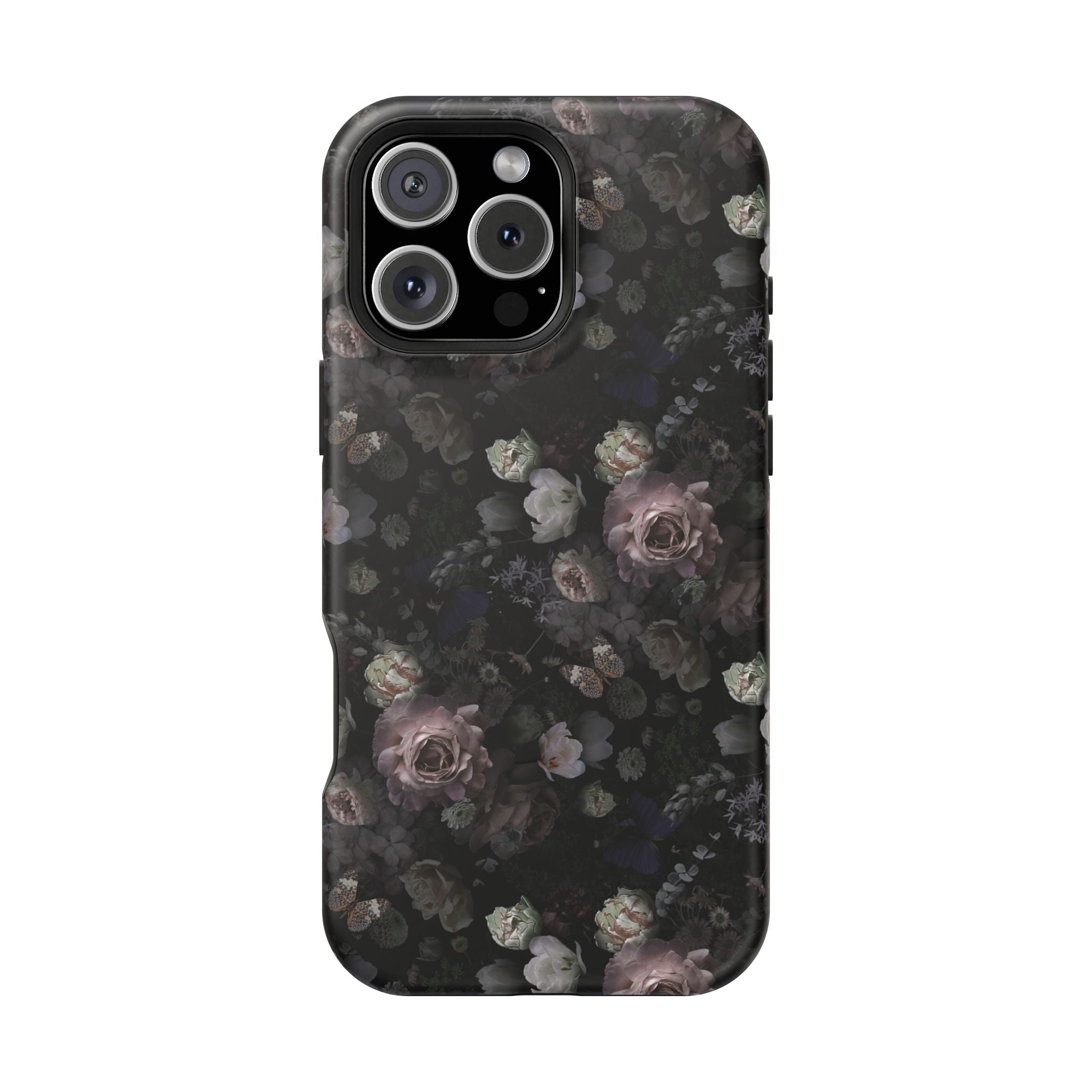 Midnight Curse black floral MagSafe iPhone case with cute rose design, perfect for stylish phone protection.