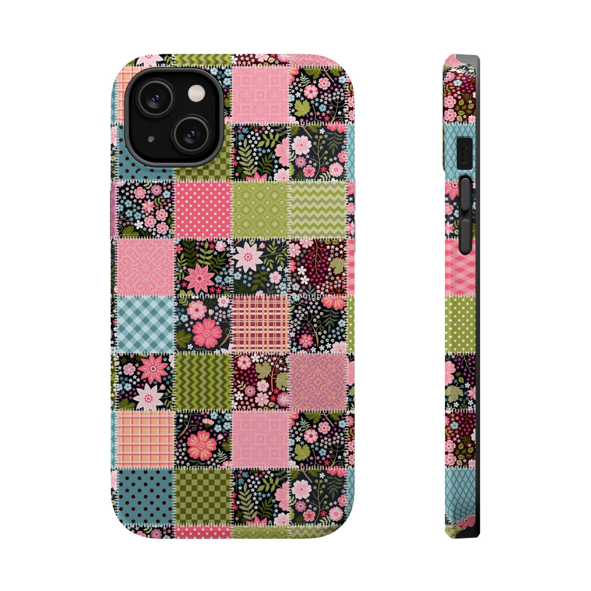 Floral patchwork MagSafe iPhone case with cute wildflower design, perfect for granola girl vibes and free-spirited style.