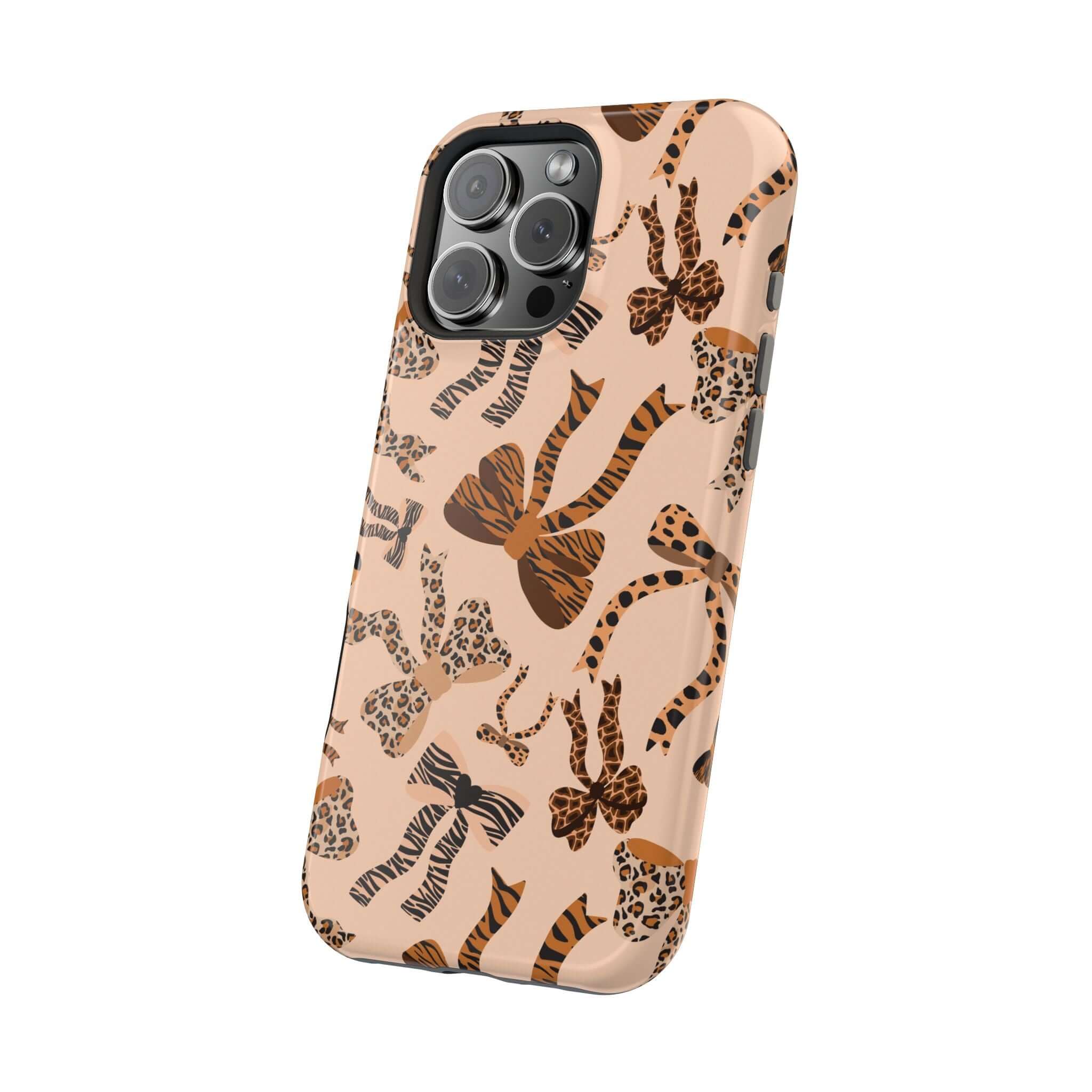 Colorful iPhone case with leopard bow pattern, Safari Coquette design, cute and abstract, playful MagSafe phone accessory.