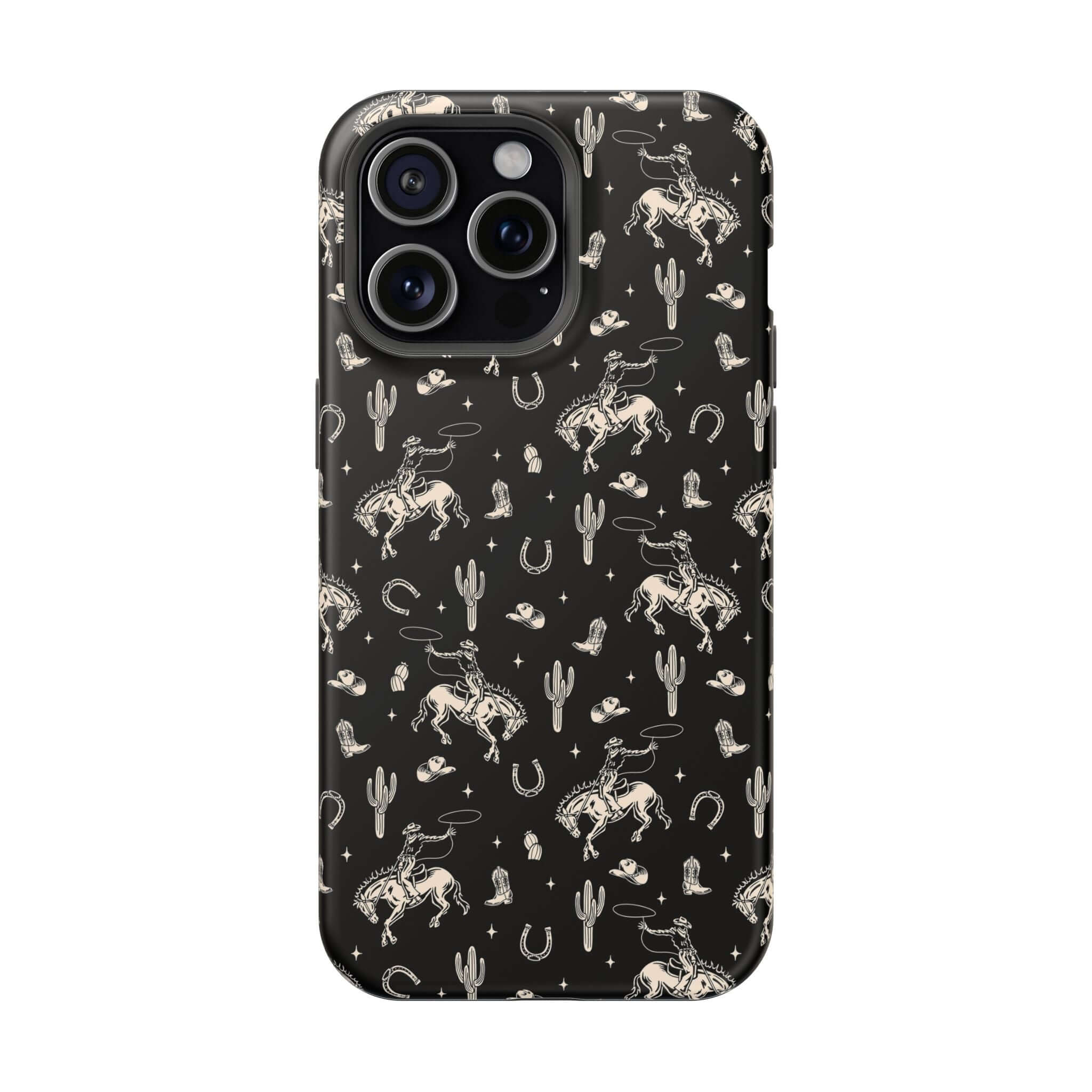 Black iPhone case featuring a cute western design with cowgirl and floral patterns. Free shipping available.