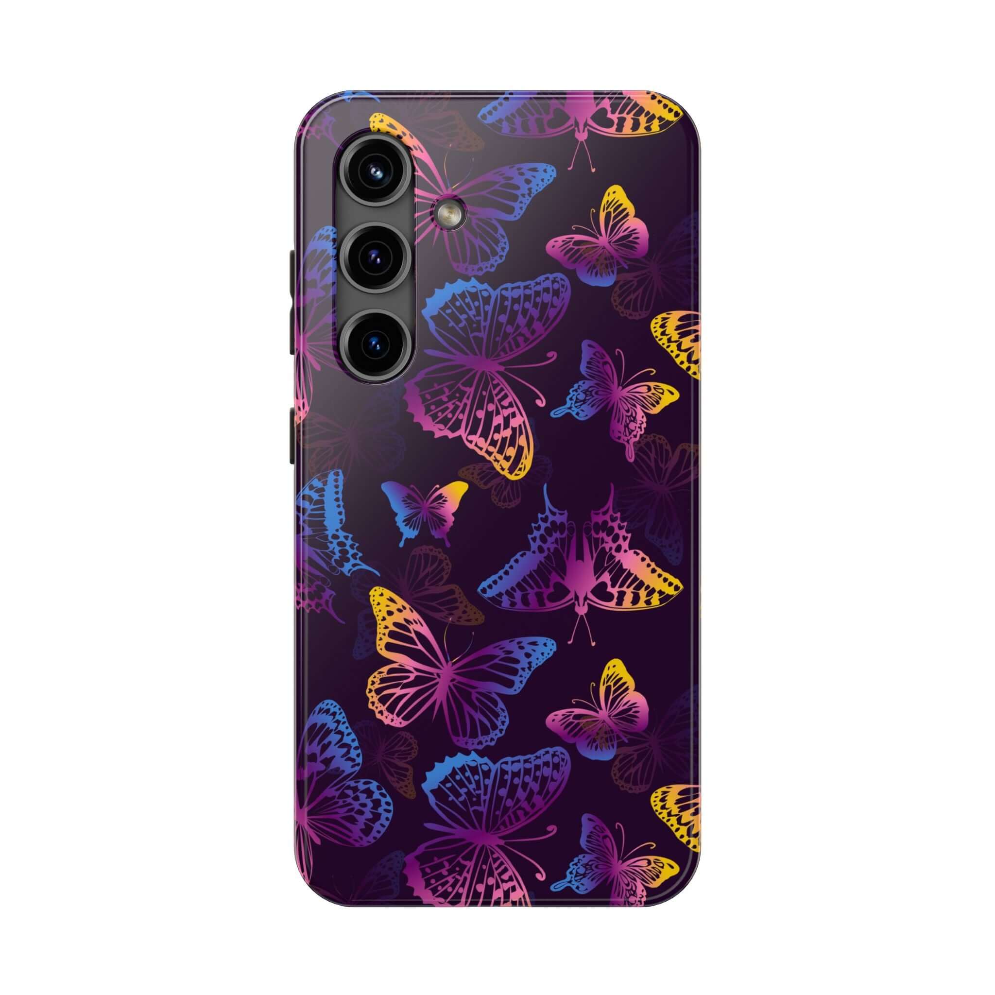 Midnight Flutter black butterfly MagSafe iPhone case with colorful butterflies, perfect for a cute floral phone cover.