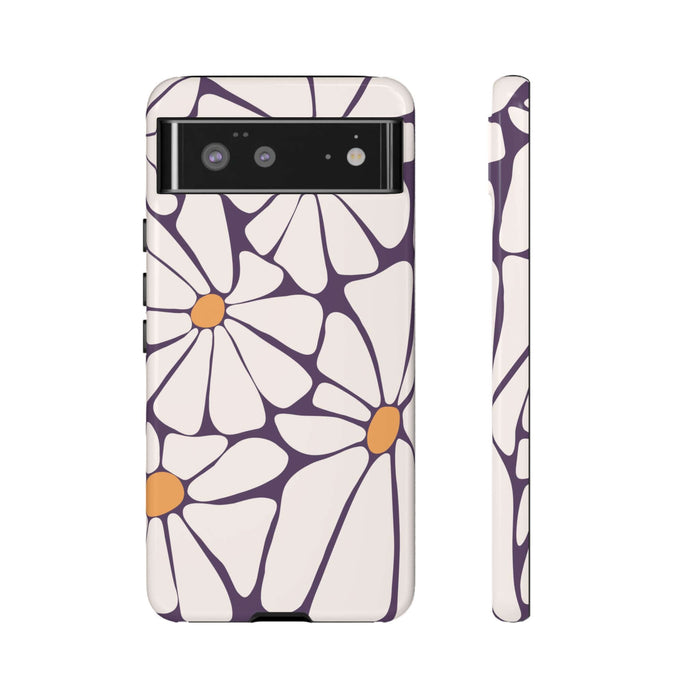 Cute retro flower phone case for Samsung or Pixel with purple and orange floral design. Groovy and protective accessory.