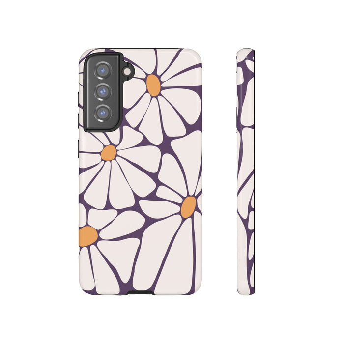 Cute Purple Haze retro flower phone case for Samsung or Pixel devices, offering stylish protection with a groovy floral pattern.