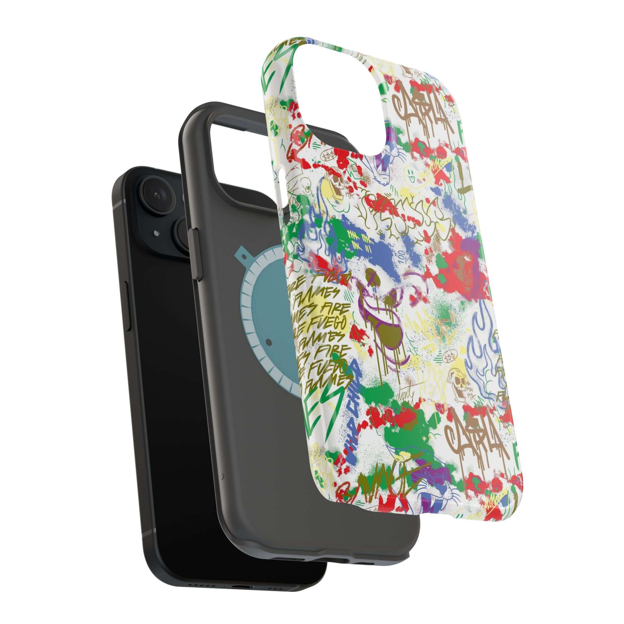 Colorful graffiti phone case design with MagSafe technology, perfect cute phone cover for iPhone lovers.