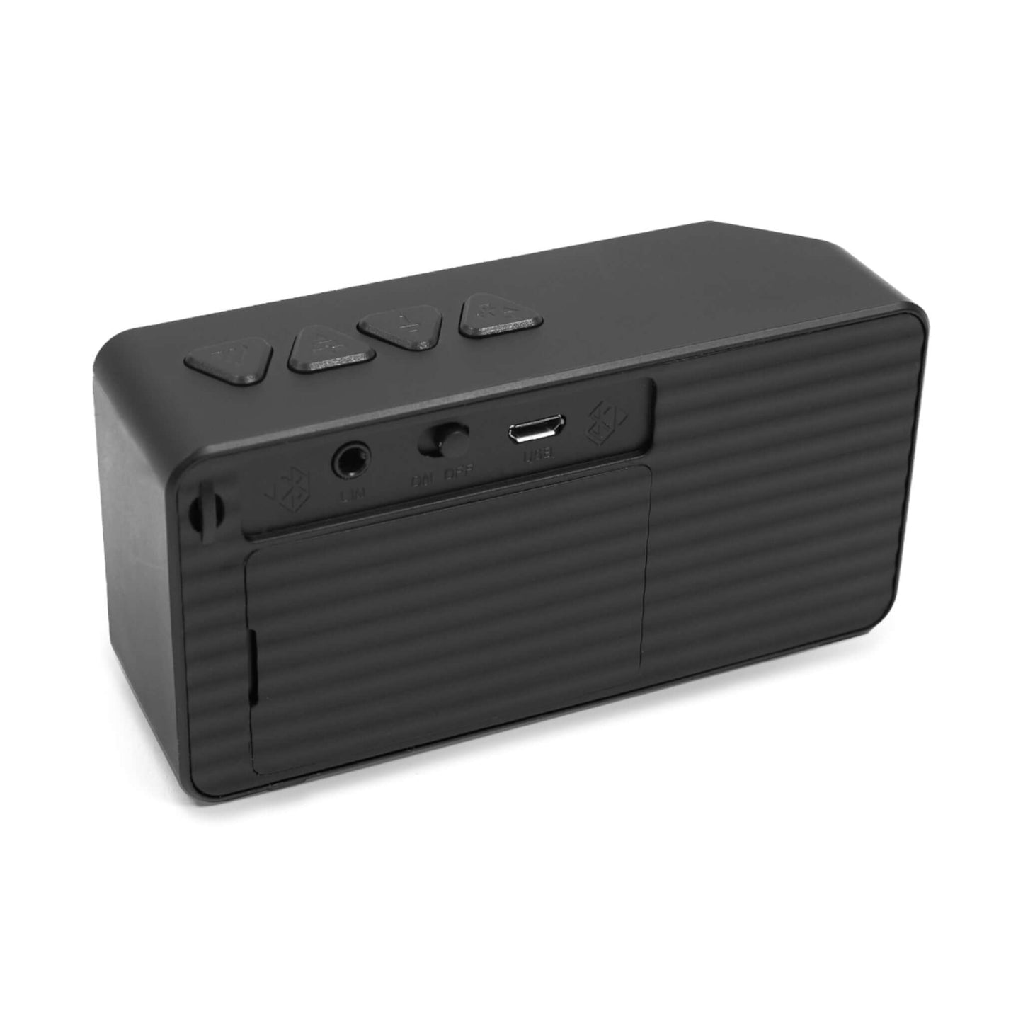 Black wireless Bluetooth speaker with control buttons and a sleek design, perfect for enhancing sound quality on the go.