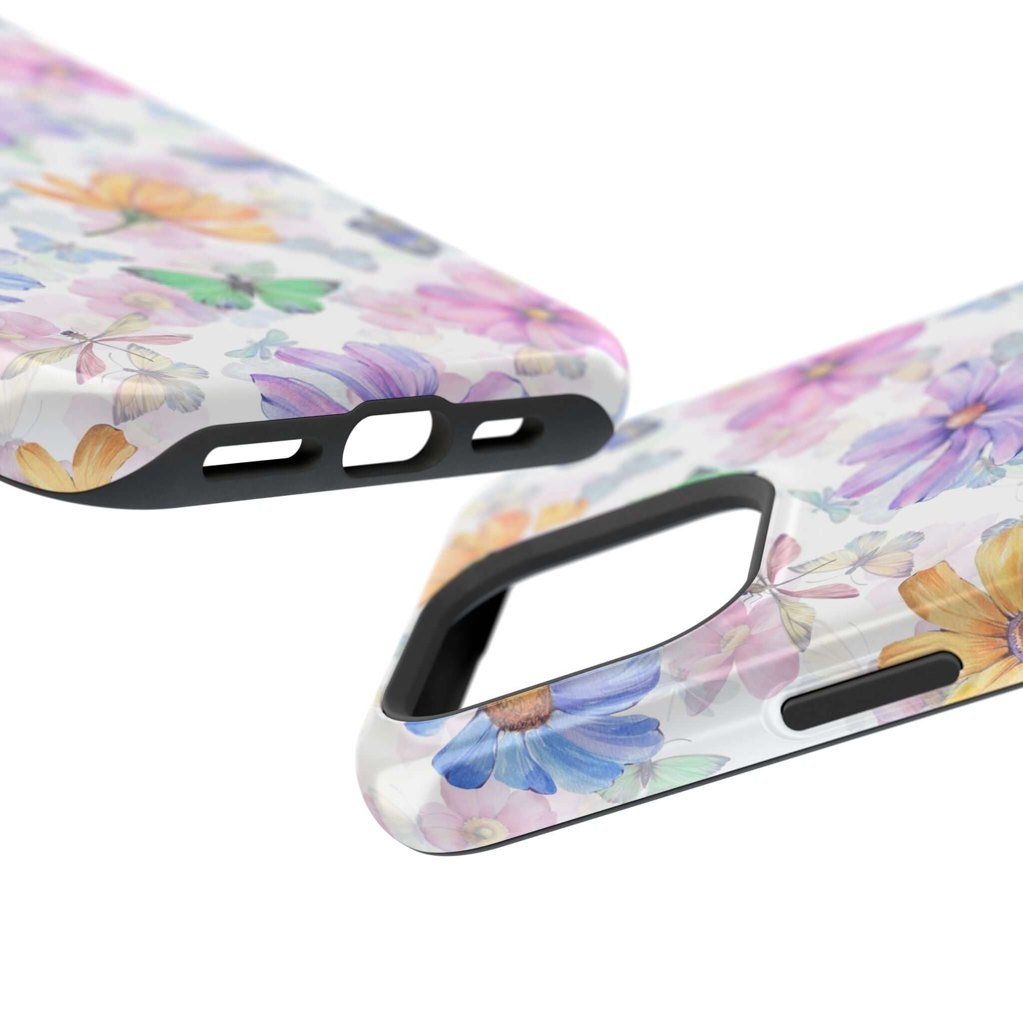 Watercolor butterfly MagSafe compatible iPhone case with colorful floral design, showcasing cutouts and cute protective phone case style.