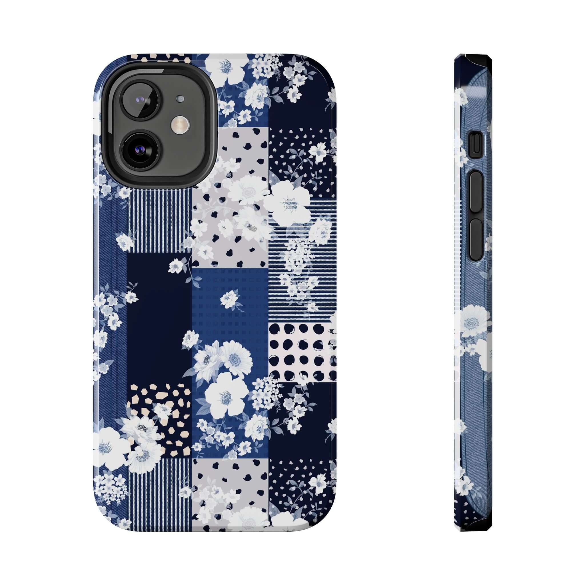 Sorority Book Club blue floral phone case with patchwork design for iPhone or Samsung, featuring playful flower pattern.