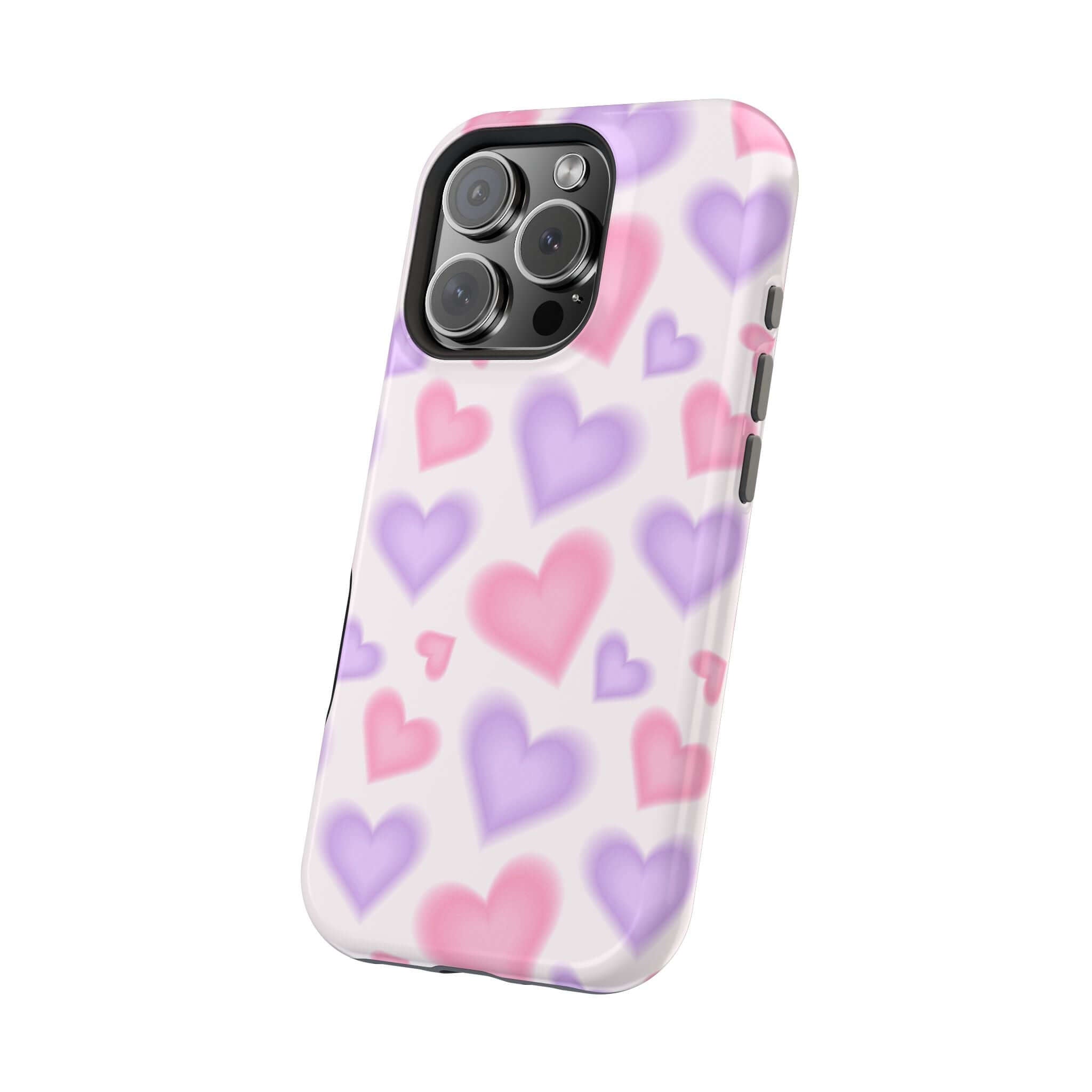 Cute phone cover featuring blurred pink and purple hearts for Apple iPhone, perfect for adding a playful touch to your device.