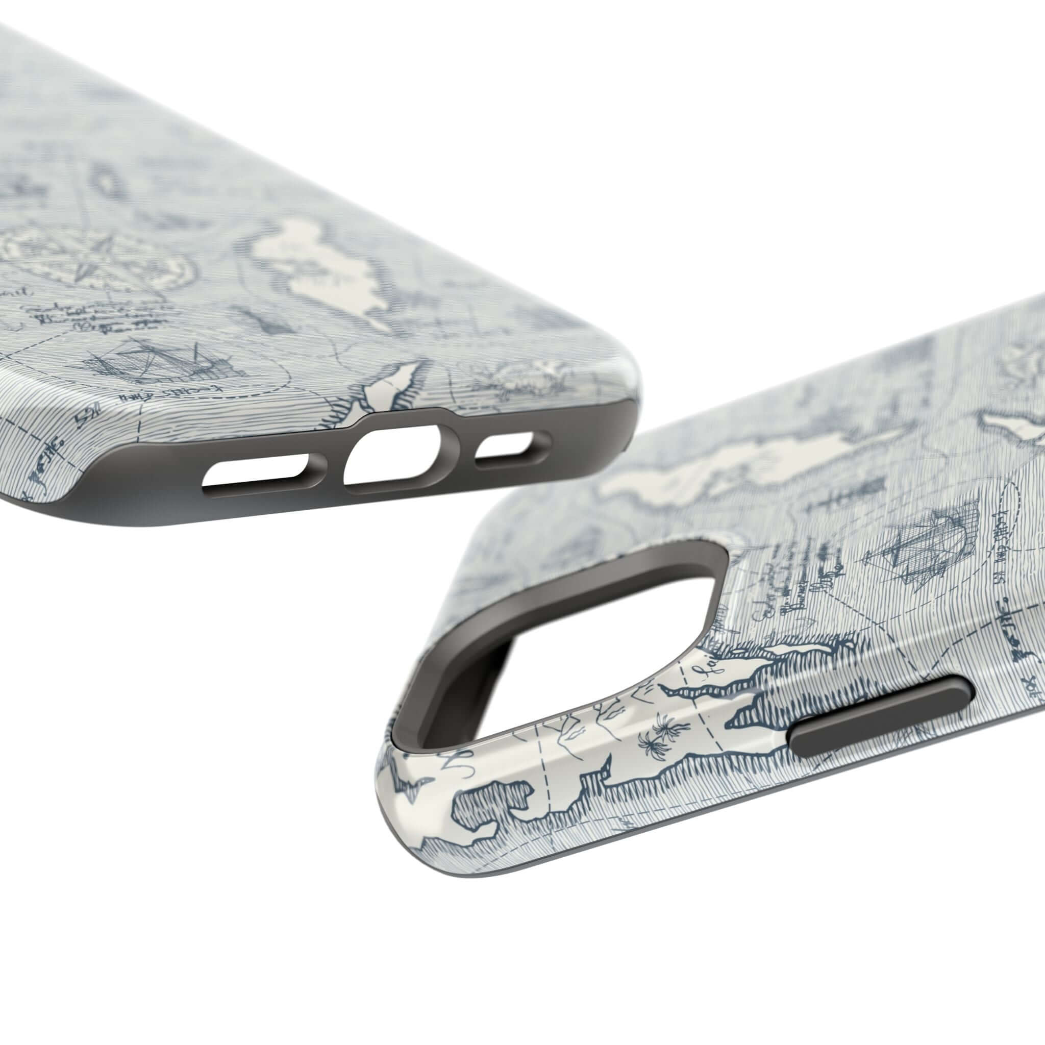 Close-up of Pirates Passageway nautical map phone case for iPhone 14 Pro Max with MagSafe technology.