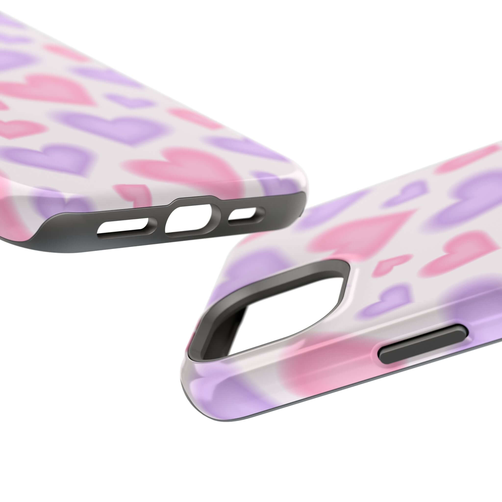 Cute phone cover with pink and purple hearts design, showcasing a stylish Apple iPhone case for added charm and protection.