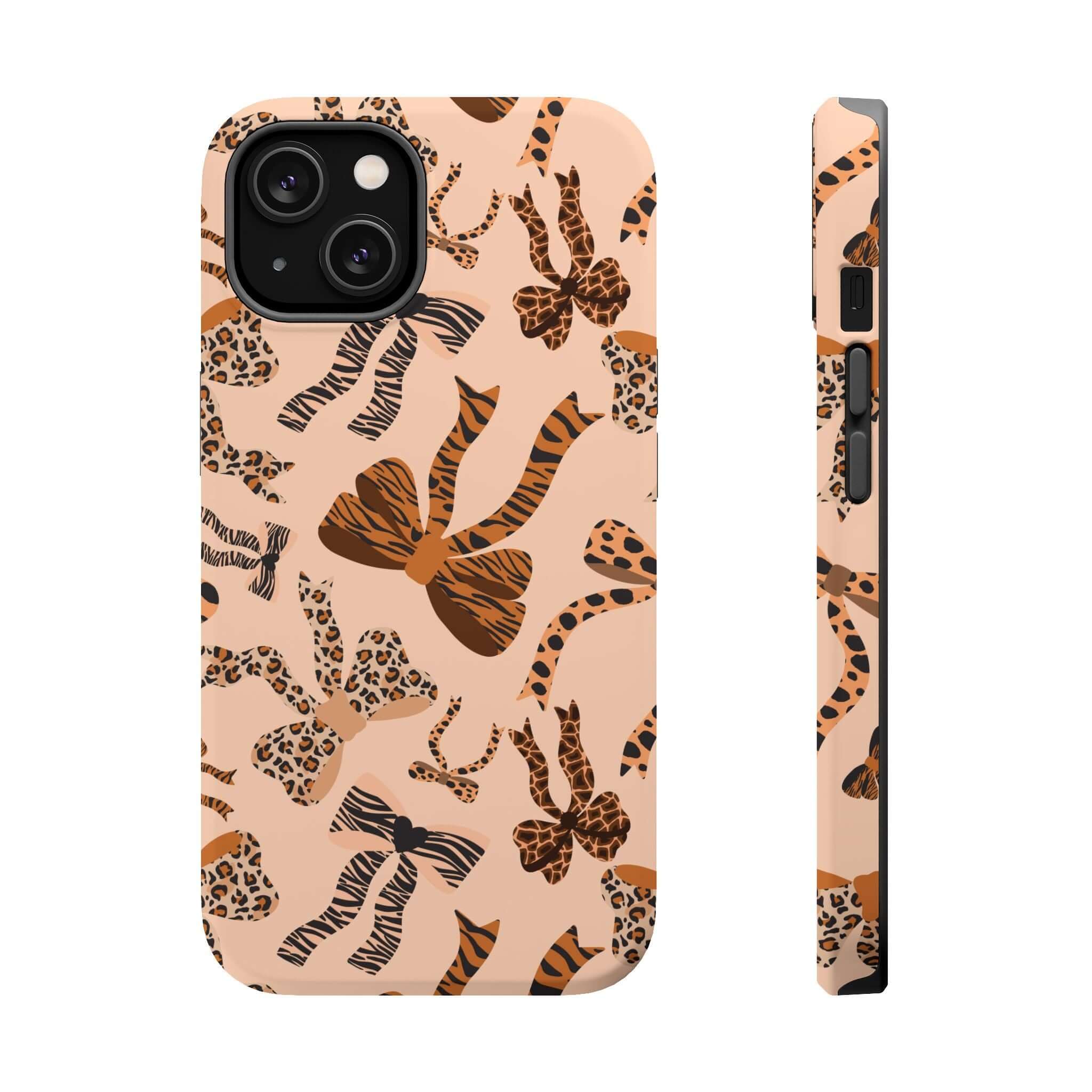 Colorful iPhone case with cute coquette bows and leopard pattern, showcasing a playful abstract design for a wild, stylish look.